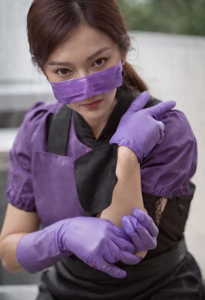 Meilin from Advanced Metal Gear Research Institute. Highly realistic. rubber glove、Purple rubber gloves、Purple cooking gloves、Long gloves、Glossy gloves、Glossy apron、Gripping the、Getting wet with white liquid、cum shots、Wear a mask、Rubber Mask、
