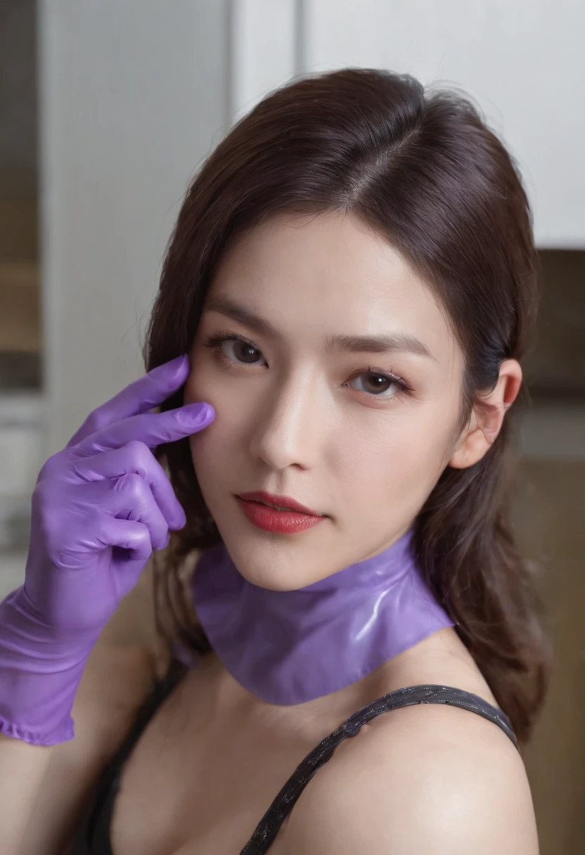 Meilin from Advanced Metal Gear Research Institute. Highly realistic. rubber glove、Purple rubber gloves、Purple cooking gloves、Long gloves、Glossy gloves、Glossy apron、Gripping the、Getting wet with white liquid、cum shots、Wear a mask、Rubber Mask、