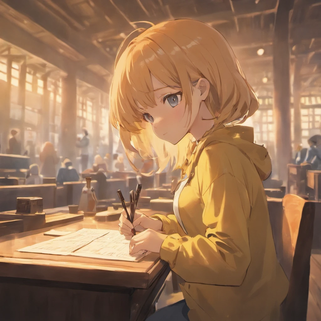 Girl with fountain pen on desk　 summer clothing　School　detaileds　Dramatic Lighting 　Matte texture　Shallow depth of field　pixiv style　high-angle shot　wide angles　cel anime