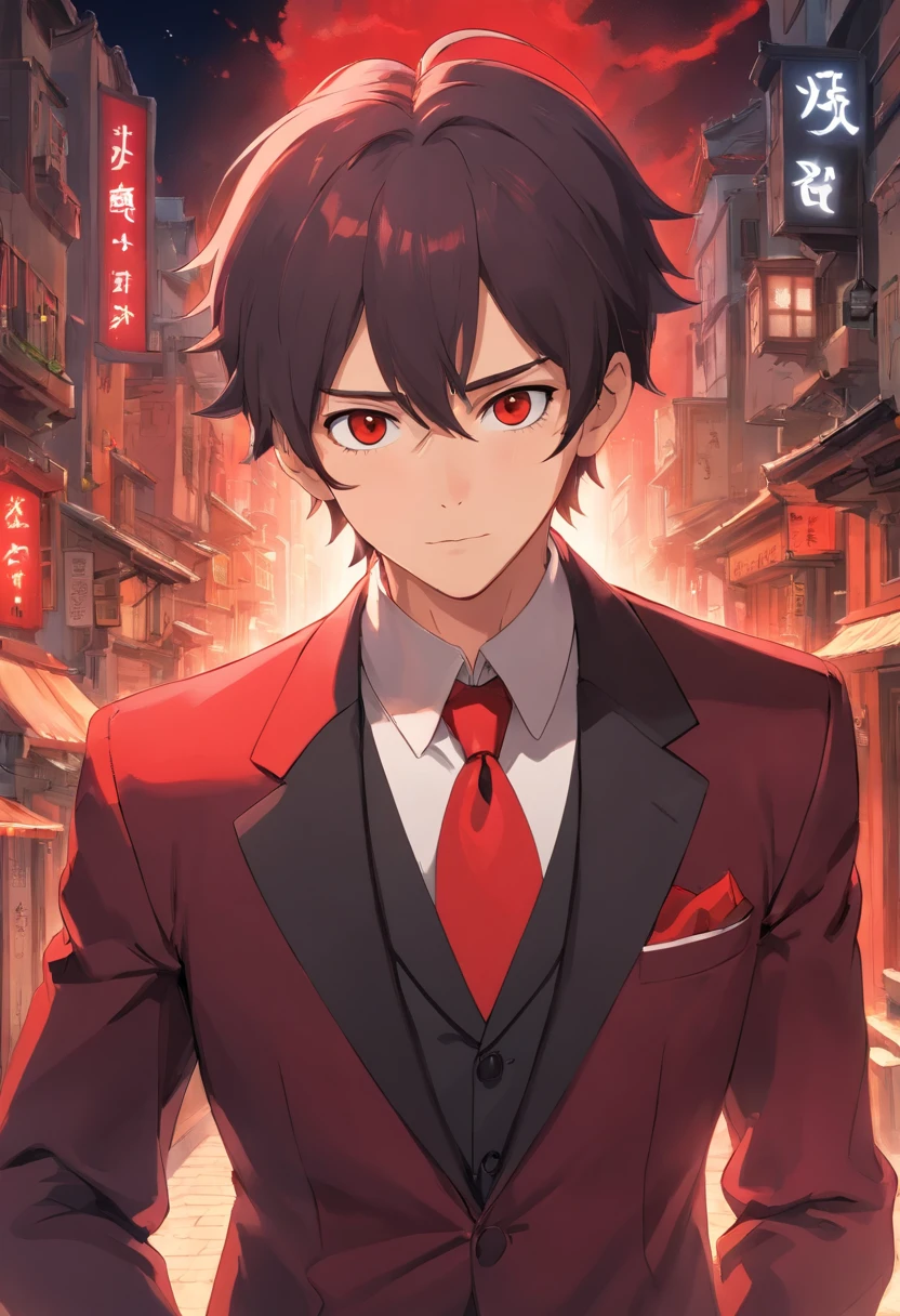 young  male，Black and red suit，Cool white skin，whaite hair，magister