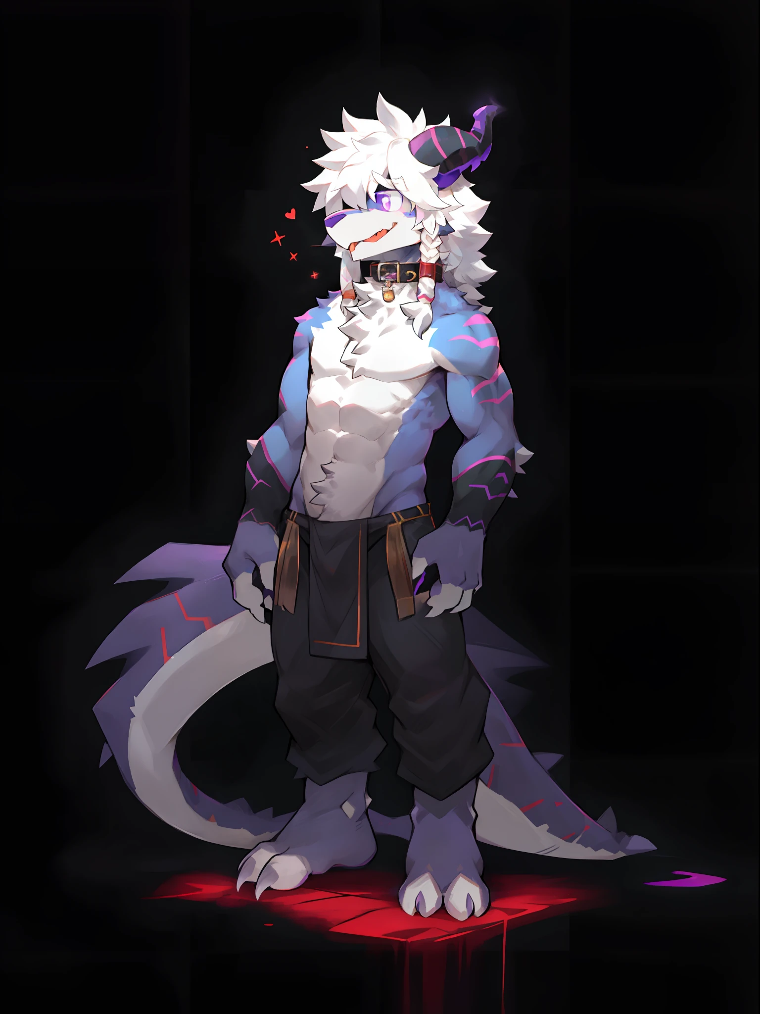 One guy，独奏，Full body like，shaggy male，hairy bodies，Correct anatomy，Detailed double eyes，glowing light eyes，Wearing a naked，Black loincloth，long  white hair，drak，shoun（thin tall body type），male people，There are small horns on the head，black-skinned，，red striped，Purple eye，Evil God，glowing light eyes，Sharp claws，with light glowing，Star eyes，Cute meat pad，Collar，adolable，Handsome，Evil charm，haughty，Large dragon tail，The whole body is like from head to toe，The Void，purple palace，Standing brainwashing，tongue stickout，The liquid runs down the lower gear，Love，Character subjects