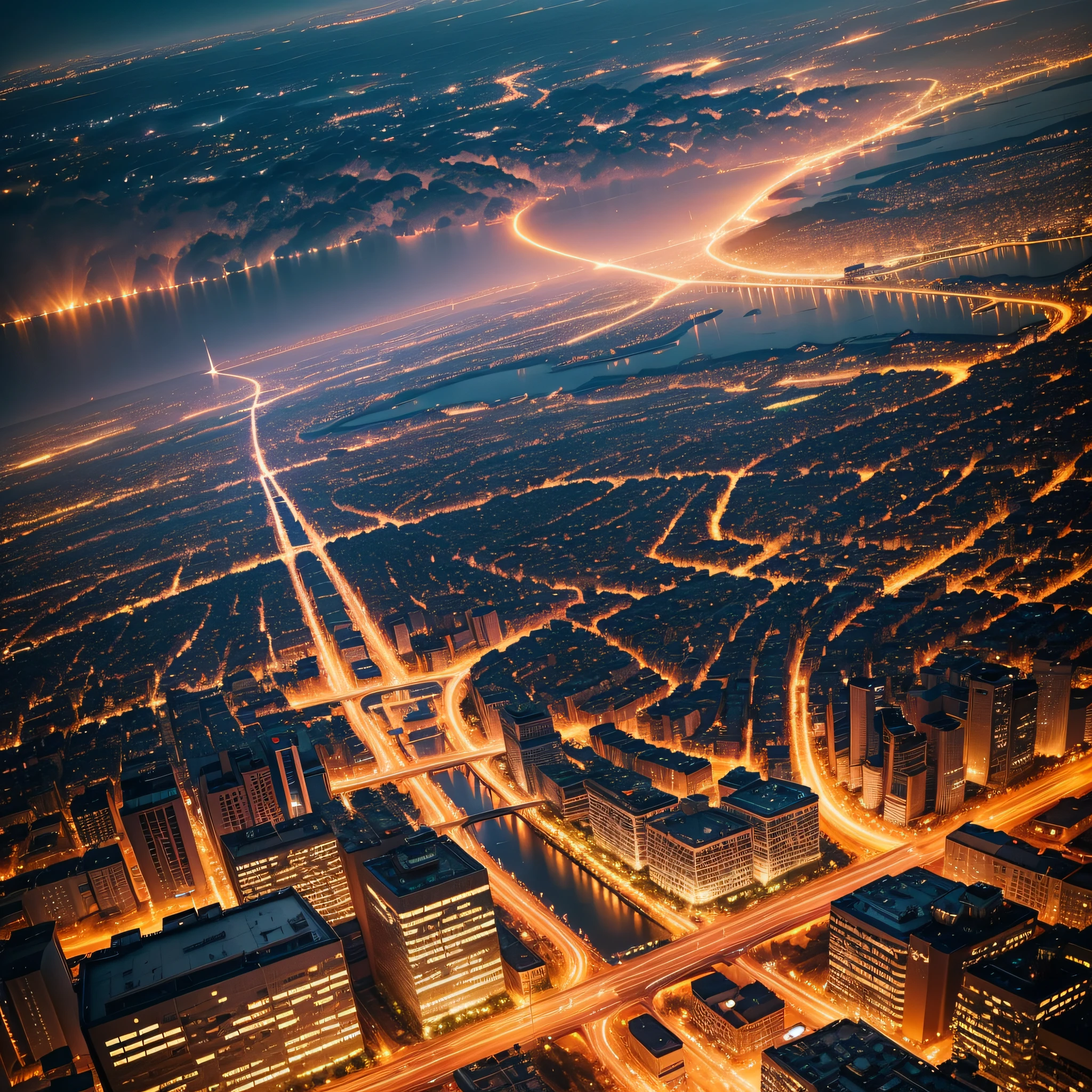 Aerial Views of City Lights:

A bird's-eye view of a city aglow with lights during the night