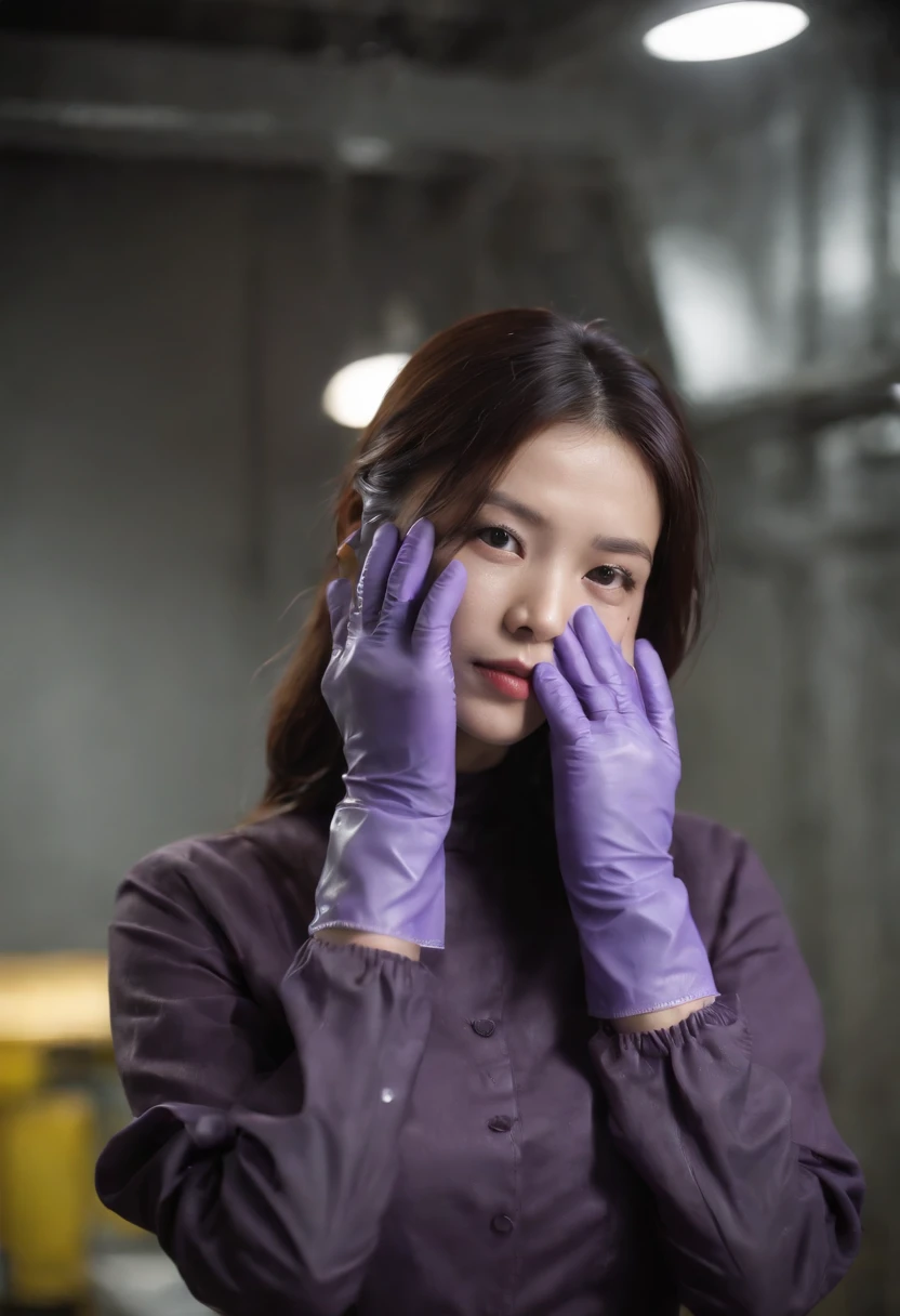 Meilin from Advanced Metal Gear Research Institute. Highly realistic. rubber glove、Purple rubber gloves、Purple cooking gloves、Long gloves、Glossy gloves、Glossy apron、Wear a mask、Rubber Mask、surgical mask