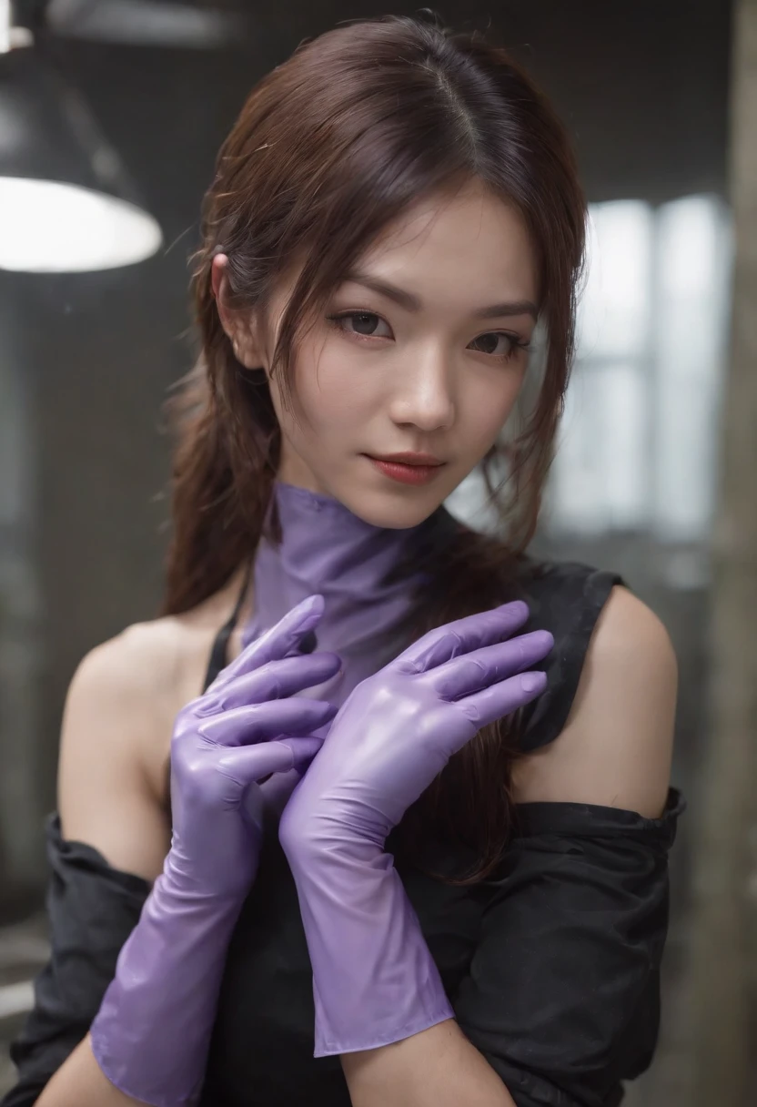 Meilin from Advanced Metal Gear Research Institute. Highly realistic. rubber glove、Purple rubber gloves、Purple cooking gloves、Long gloves、Glossy gloves、Glossy apron、Gripping the、Getting wet with white liquid、cum shots、Purple Rubber Mask