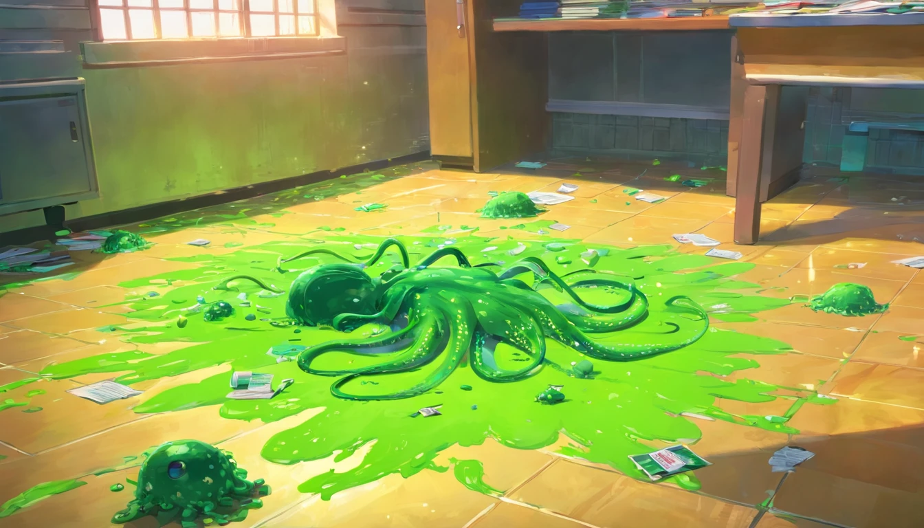 1girl, discarded clothes on floor, green slime alien blobs with tentacles, background:small school, checkerboard floor,mess,newspapers,(green slime blasts),