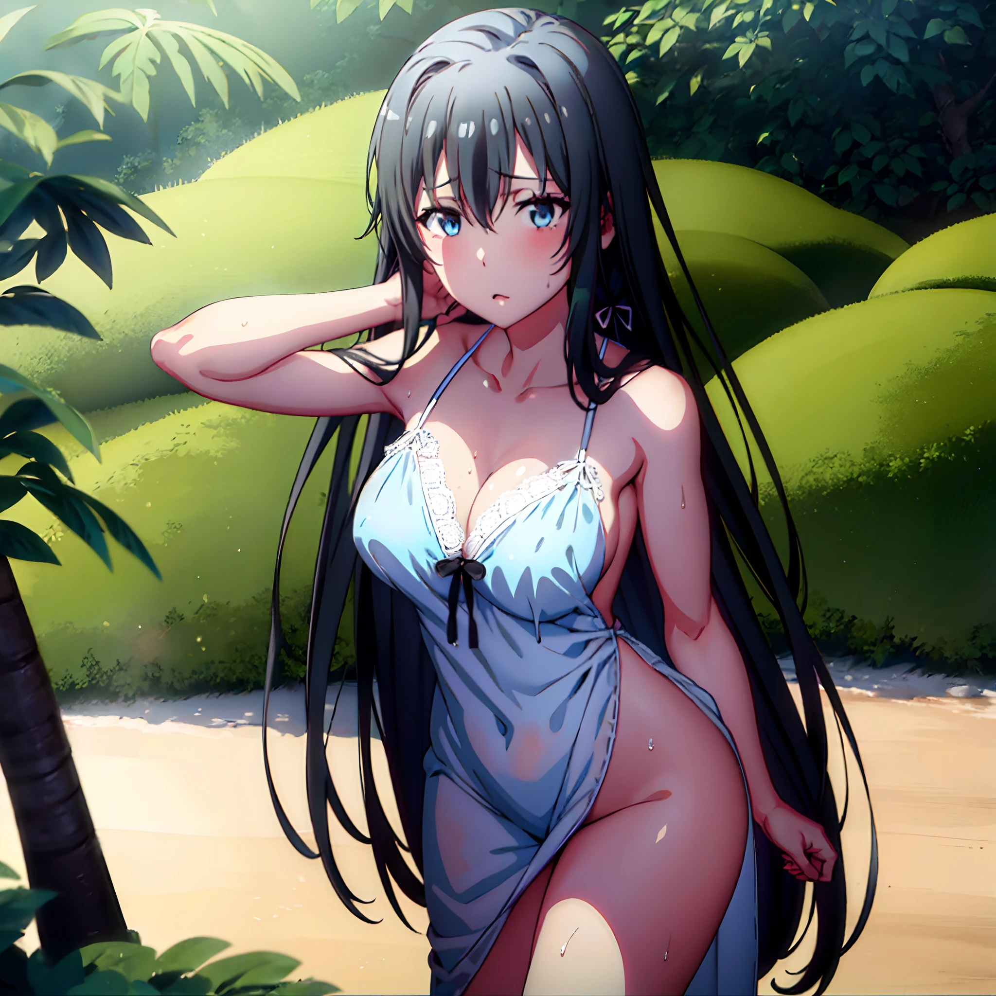 1 girl, yukinoshita yukino, long hair, black hair, light blue eyes, medium breast, white nightgown, white lace panties, she wet, arms top head, nipple perked out from under nightgown, looking at viewers, outdoor,