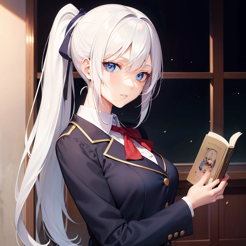 A pretty anime lady, wearing a school uniform, holding a book, white haired lady, blue eyes, pony tail,  looking at you with a poker face, human.