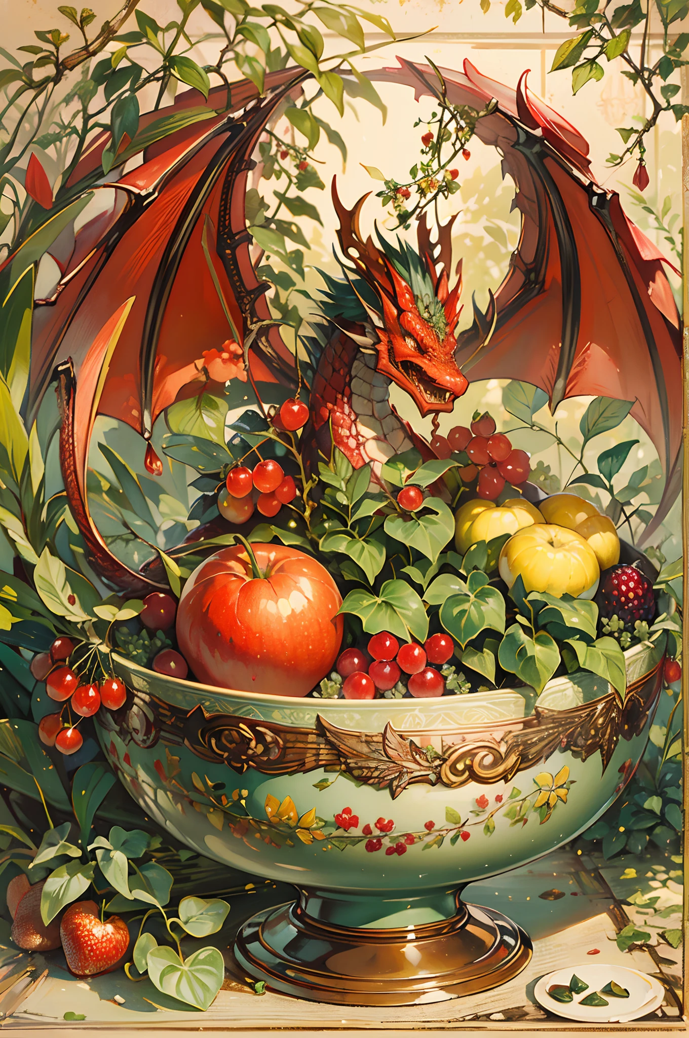 ((vintage botanical illustration)) red dragon in a bowl of fruits and berries