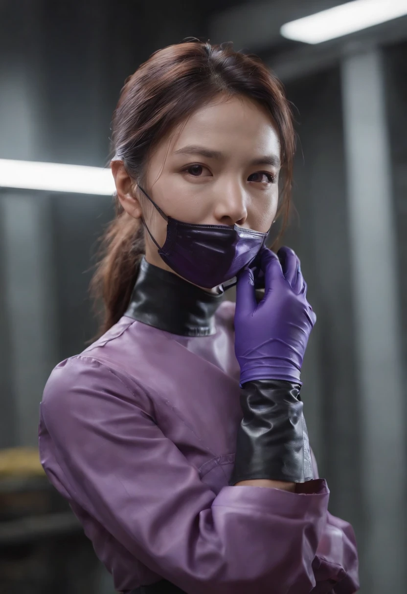 Meilin from Advanced Metal Gear Research Institute. Highly realistic. rubber glove、Purple rubber gloves、Purple cooking gloves、Long gloves、Glossy gloves、Glossy apron、Wear a mask、Rubber Mask、