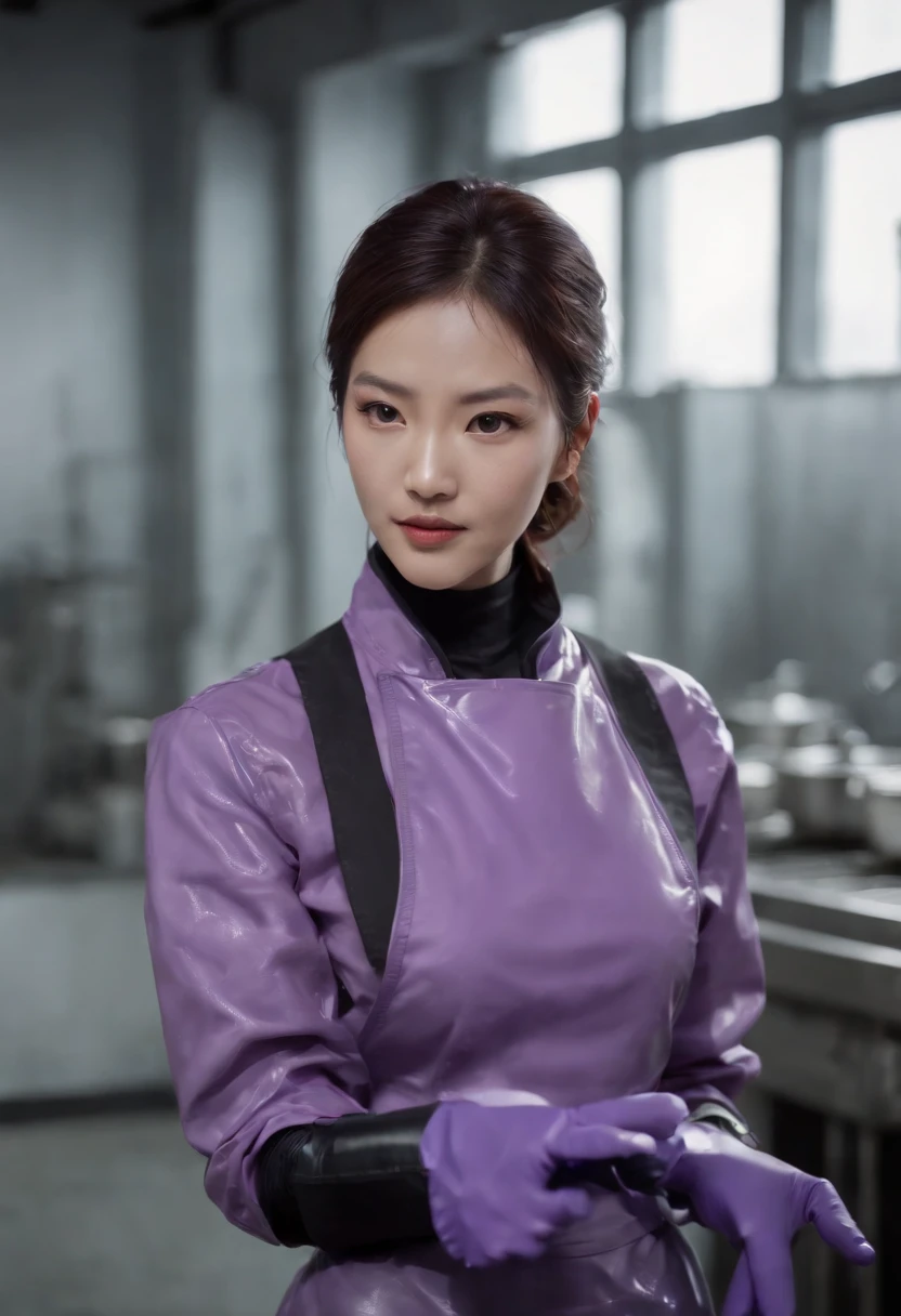 Meilin from Advanced Metal Gear Research Institute. Highly realistic. rubber glove、Purple rubber gloves、Purple cooking gloves、Long gloves、Glossy gloves、Glossy apron、Wear a mask、Rubber Mask、