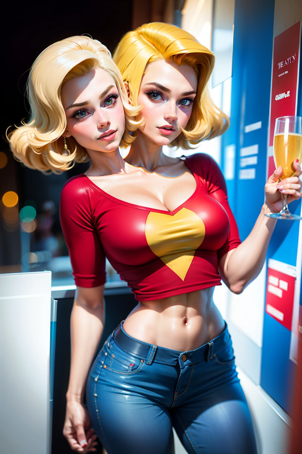 Cartoon In the style of betty and veronica, in the astyle of Archie comics, wwm,full body, shot from below, ,1man,18 years old,perfect waist to hip ratio,(2heads), blonde, Argentinian, brunette, blonde, beautiful face, detailed skin, mouth open, black and white open shirt and gray pants, at an art gallery holding a glass of champagne in each hand