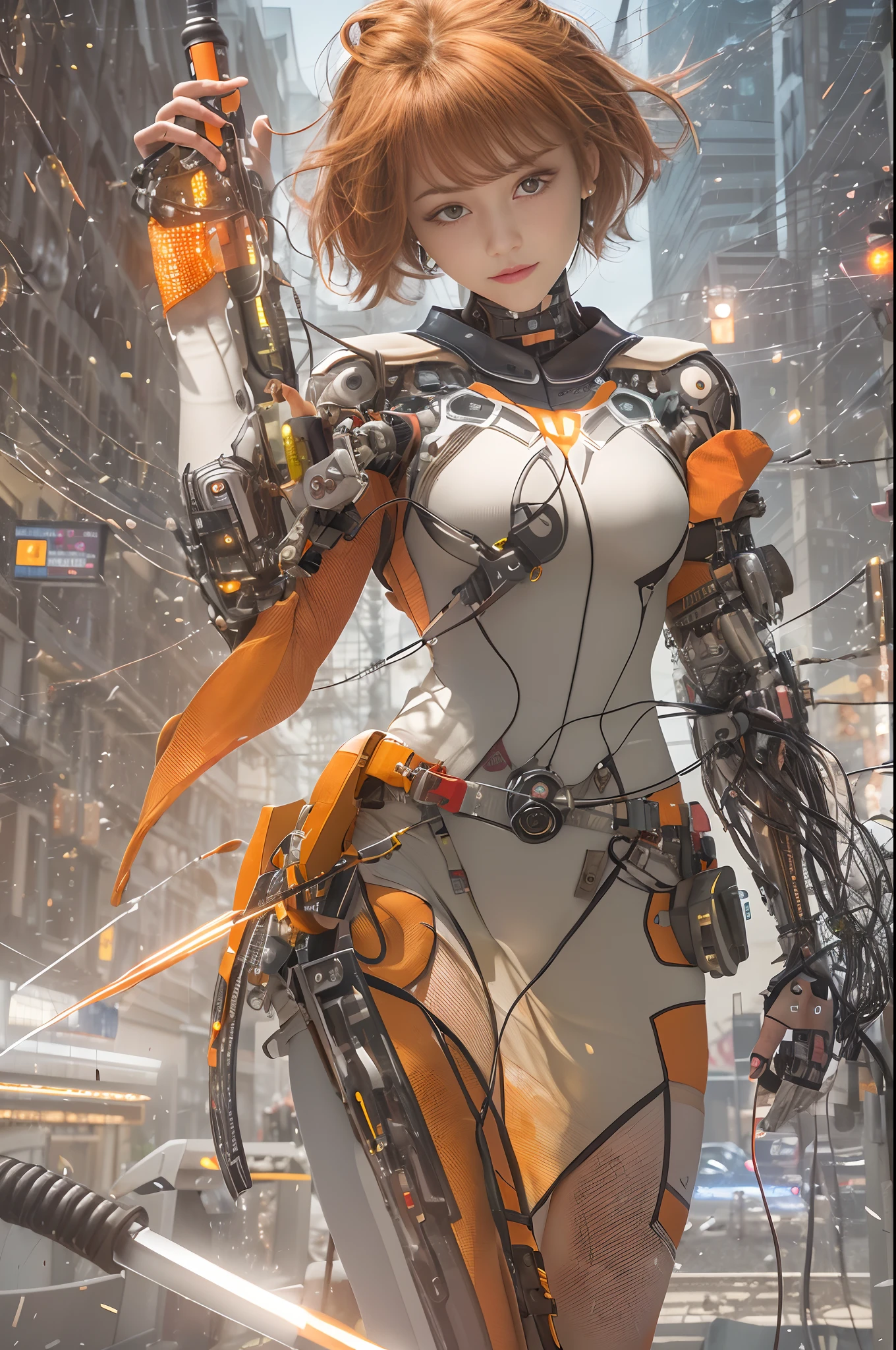 Cybernetic arm and glowing cyber girl,(J Women's Uniform,a sailor suit,White skirt,),Strenuous movements,Add a motion blur effect to simulate motion,Stand on a post-apocalyptic battlefield cityscape.Surrounded by a network of wires. Surrounded by a web of circuits. (Cyber Girl with Orange Glowing Sword:1.3), glossy light brown and orange two-tone color,,,short-hair,disheveled ponytail,Cute smile,Perfect round face,Black eyes,A cheerful smile that makes the viewer happy,Proper body proportion,Intricate details,Very delicate and beautiful hair,photos realistic,Dreamy,Professional Lighting,realistic shadow,Solo Focus,Beautiful hands,Beautiful fingers,Detailed finger features,detailed clothes features,Detailed hair features,detailed facial features,(masutepiece,top-quality,Ultra-high resolution output image,) ,(The 8k quality,),Science fiction fantasy