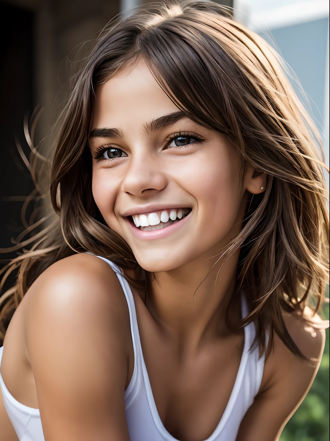 Realistic photo of a 10-year-old girl of European appearance(Yana Poplavskaya in childhood), disheveled shaggy shoulder-length brown hair ; Large shiny dark brown eyes, long eyelashes, thick eyebrows; mischievous, Carefree, cheerful; cheerful, mischievous hooligan look, radiating genuine delight; big mouth, Large teeth; A wide hooligan grin, Showing a chipped front tooth; A direct look at the camera; athletic physique, noticeable musculature, Smooth natural tan; topless , torn jeans, sneakers; Without cosmetics; Energetic, restless, Hooligan posture; Professional studio photography with a film SLR camera("Zorkiy-4"), (passport photo), hight resolution, Natural Realistic Detailed Skin Texture, natural lightin, 8K, Texture of the photo card, Maximum photorealism