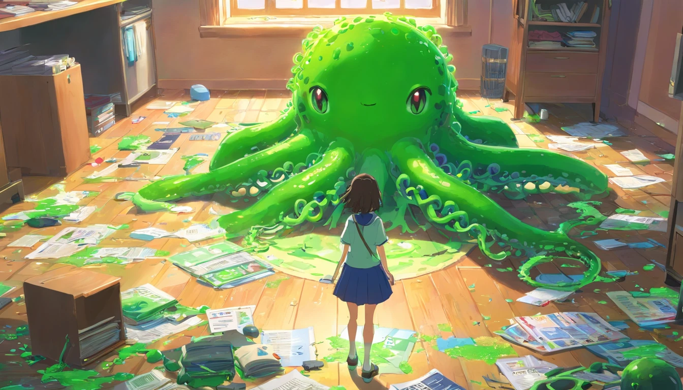1girl, discarded clothes on floor, green slime alien blobs with tentacles, background:small school, checkerboard floor,mess,newspapers,(green slime blasts),