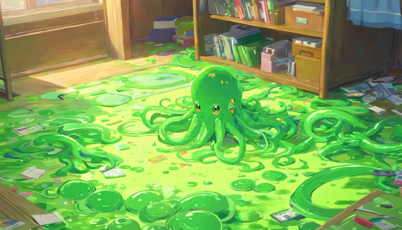 1girl, discarded clothes on floor, green slime alien blobs with tentacles, background:small school, checkerboard floor,mess,newspapers,(green slime blasts),