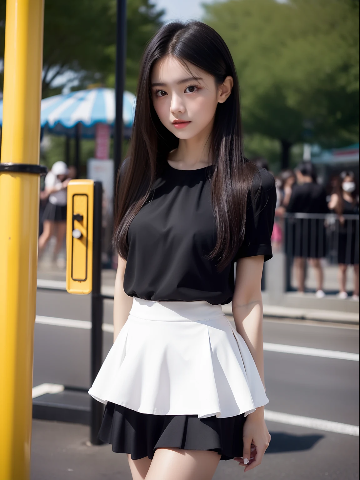 年轻,(Flared skirt in black,Black blouse),teens girl,Delicate body,petite body,Delicate body,small tits,tiny chest,A dark-haired,Very Longhair,An amusement park