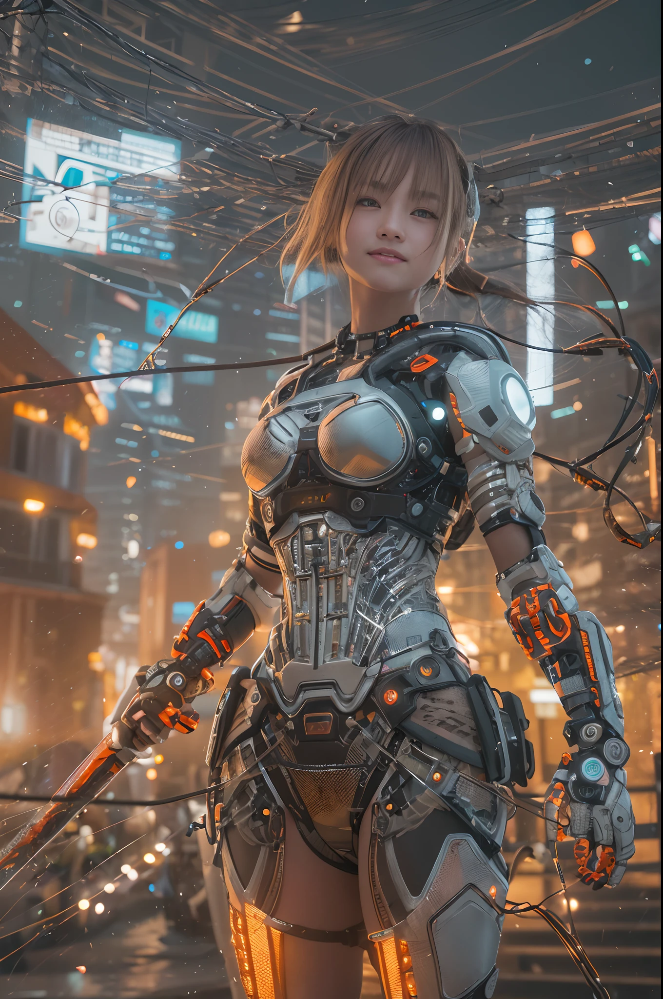 Cybernetic arm and glowing cyber girl,(J Women's Uniform,a sailor suit,White skirt,),Strenuous movements,Add a motion blur effect to simulate motion,Stand on a post-apocalyptic battlefield cityscape.Surrounded by a network of wires. Surrounded by a web of circuits. (Cyber Girl with Orange Glowing Sword:1.3), glossy light brown and orange two-tone color,,,short-hair,disheveled ponytail,Cute smile,Perfect round face,Black eyes,A cheerful smile that makes the viewer happy,Proper body proportion,Intricate details,Very delicate and beautiful hair,photos realistic,Dreamy,Professional Lighting,realistic shadow,Solo Focus,Beautiful hands,Beautiful fingers,Detailed finger features,detailed clothes features,Detailed hair features,detailed facial features,(masutepiece,top-quality,Ultra-high resolution output image,) ,(The 8k quality,),Science fiction fantasy