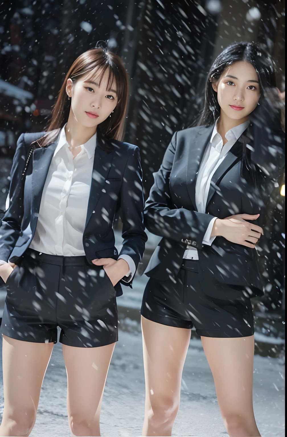 A Japanese Lady、beauitful face、Beautie、二重まぶた、Long Black Hair、Suits、Micro shorts、beauty legs、Raw feet、tall、long legged、pin heels、model poses、Sit up、Oyuki、snow cover、snow blowing、Visibility is poor due to snow、Snow sticks to the body、heavy wind、Hair disheveled by the wind、Night view、