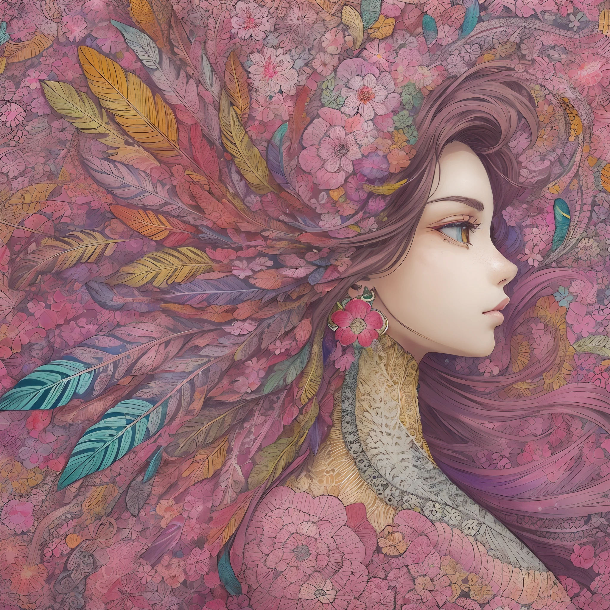(1girl, solo, from side), extremely detailed, (abstract background, zentangle, fractal art:1.3), (many colors, colorful:1.1), (feathers, petals, flowers:1.3), dynamic pose, earrings