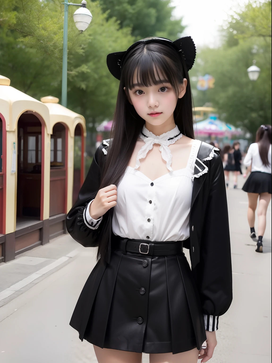 年轻,(Black miniskirt,Black Lolita Clothes),teens girl,Delicate body,petite body,Delicate body,small tits,tiny chest,A dark-haired,Very Longhair,An amusement park