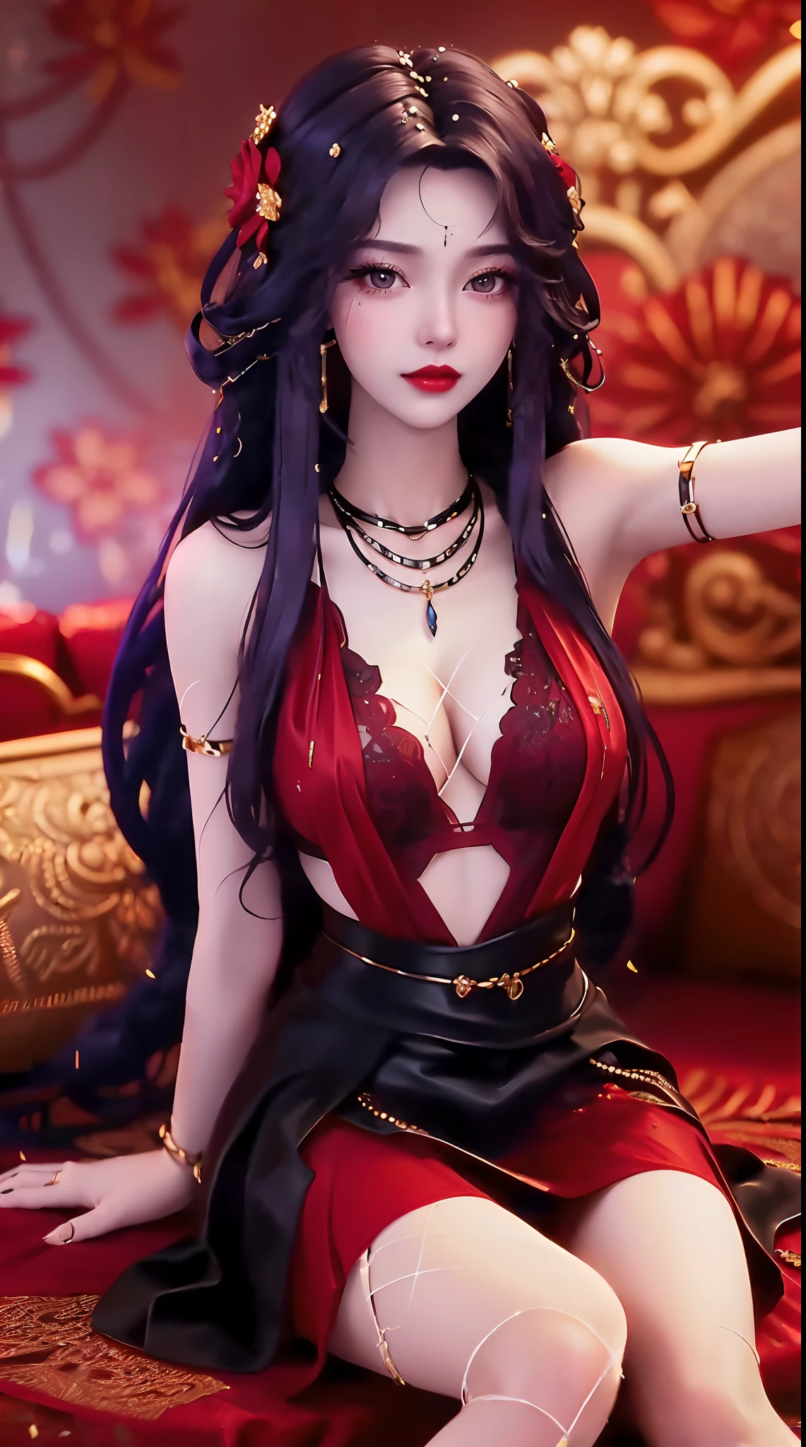 1 beautiful and sexy 20 year old girl, ((wearing a super thin red dress:1.6)), a dress with diamonds, ((long black purple hair:1.6)), bangs, jewelry elaborately made from precious stones and beautiful hair, ((wearing a black lace necklace:1.4))), the noble, noble style of an extremely beautiful girl, her small face is super cute, her face is very pretty, thin eyebrows, flawless beautiful face, ((black eye pupils: 0.8)), very beautiful eyes, ((black eyes: 1.6)), nice makeup and hair detailed eyelashes, steamy eye makeup, high nose, earrings, red lips, ((closed mouth: 1;5 )) beautiful lips, slim hands, most beautiful thighs, ((arms spread out to the sides: 1.5) ), rosy face, clean face, flawless beautiful face, smooth white skin, (big breasts: 1.5)), ((high breasts: 1.6) ), tight breasts, beautiful cleavage, (((big breasts and super round: 1.8))), ((super tight breasts: 1.7)) , beautiful breasts, perfect body, back arms, chest out, thin black mesh stockings with black lace trim, (((sitting position, lean back and lean your arms behind you:1.5))), ((chest up position: 1.5)), don't be shy, 8k photo, super high quality, super realistic, super 10x pixels, optical, bright studio, bright edges, dual-tone lighting, (high-detail skin:1.2), super 8k, soft lighting, high quality, volumetric lighting, photorealistic, photorealistic high resolution, lighting, best photo, 4k, 8k quality, blur effect, smooth sharp, 10 x pixel, ((red flower background:1.5)), aurora, lightning, super graphics realistic, most realistic graphics, alone, solo, Extremely sharp image, surreal, (((frontal portrait: 1.6)))."