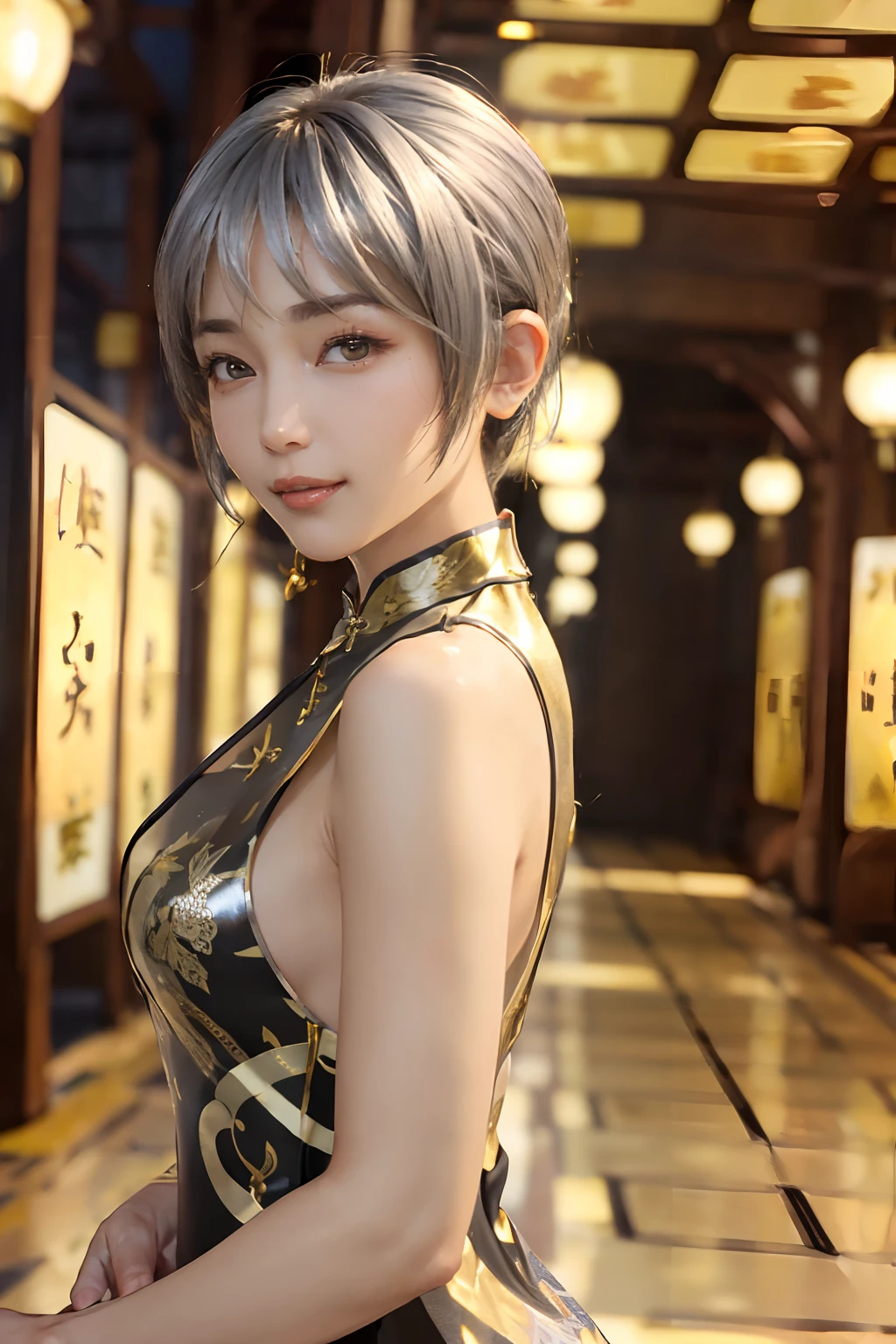 ((top-quality、8K、​masterpiece:1.3)), (Cute pattern, 
 gold foil, Black cheongsam:1.5), Clear, Fine-grained skin、Beautiful clear eyes、cleavage of the breast、(Backshots:1.5)、Carefree and natural smile、(a pixie cut,Silver hair:1.5)、(Hair disheveled in the wind:1.3)、、Beautiful girl with a smile、Citizen Pool、(thin-waist:1.3)、(Dynamic and provocative poses:1.2)、