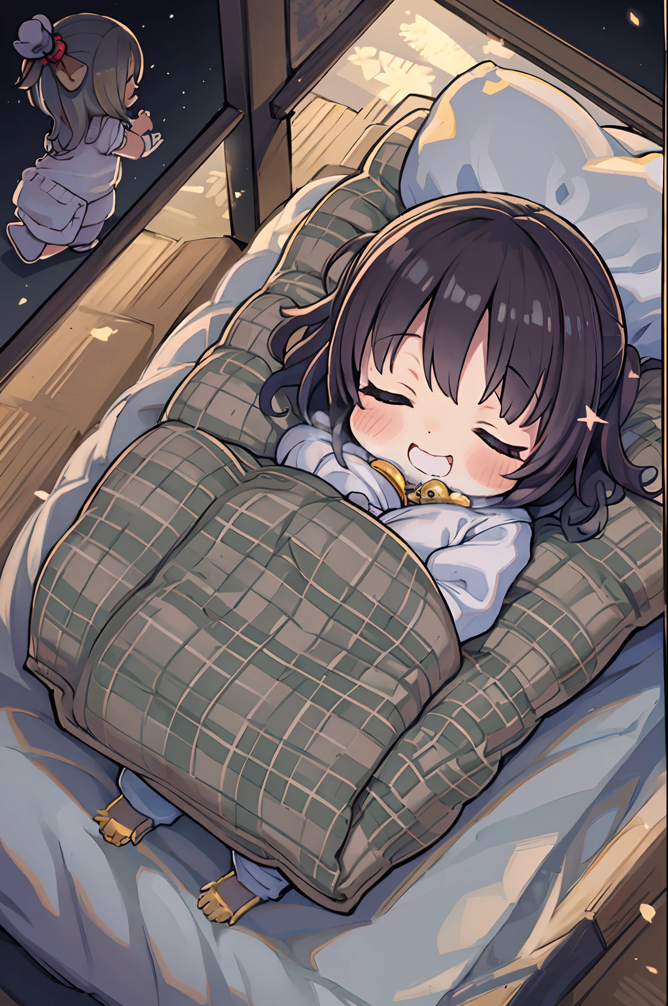 masutepiece, Best Quality, 1 girl, Solo, effect, Dark background, Sleeping in bed with a happy face,Chibi,Wrapped in a futon