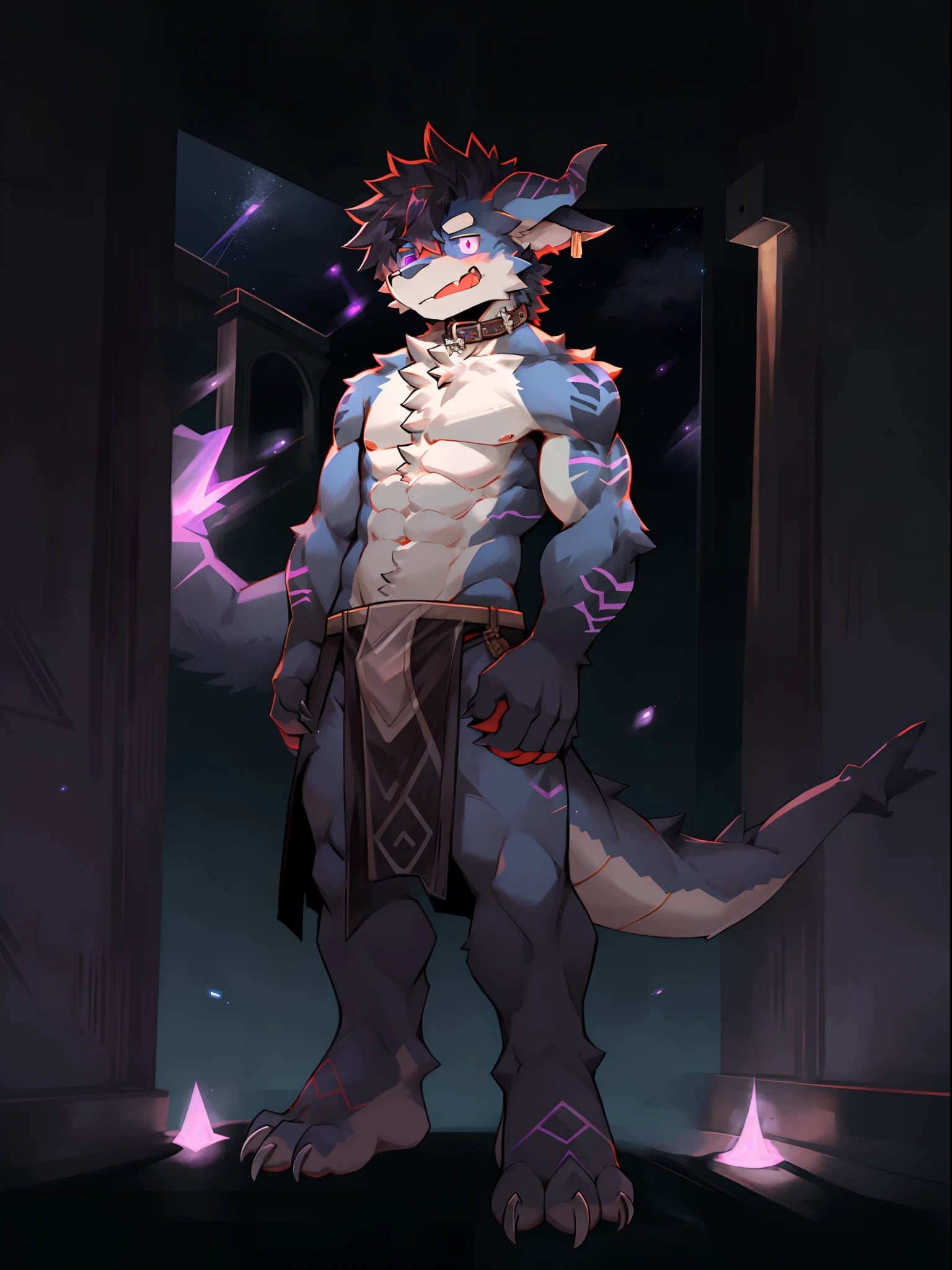 One guy，独奏，Full body like，shaggy male，hairy bodies，Correct anatomy，Detailed double eyes，glowing light eyes，Wearing a naked，Black loincloth，Muscular，cabelos preto e longos，drak，shoun（thin tall body type），male people，There are small horns on the head，black-skinned，，red striped，Purple eye，Evil God，glowing light eyes，Sharp claws，with light glowing，Star eyes，Cute meat pad，Collar，adolable，Handsome，Evil charm，haughty，Large dragon tail，The whole body is like from head to toe，The Void，purple palace，Standing brainwashing，tongue stickout，The liquid runs down the lower gear，Love，Character subjects