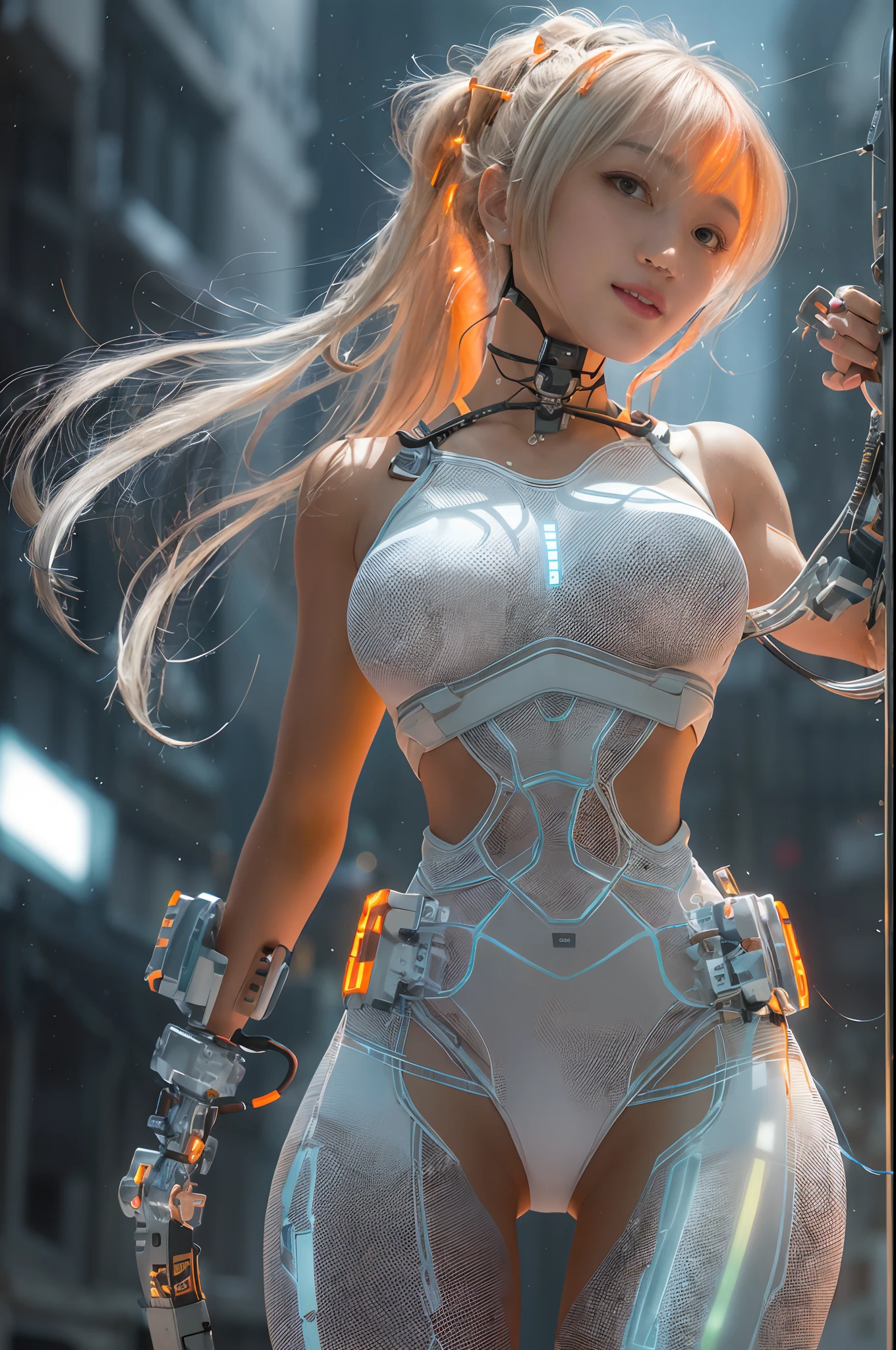 Cybernetic arm and glowing cyber girl,(J Women's Uniform,a sailor suit,White skirt,),Strenuous movements,Add a motion blur effect to simulate motion,Stand on a post-apocalyptic battlefield cityscape.Surrounded by a network of wires. Surrounded by a web of circuits. (Cyber Girl with Orange Glowing Sword:1.3), Shiny Silver Shorthair,disheveled ponytail,Cute smile,Perfect round face,Black eyes,A cheerful smile that makes the viewer happy,Proper body proportion,Intricate details,Very delicate and beautiful hair,photos realistic,Dreamy,Professional Lighting,realistic shadow,Solo Focus,Beautiful hands,Beautiful fingers,Detailed finger features,detailed clothes features,Detailed hair features,detailed facial features,(masutepiece,top-quality,Ultra-high resolution output image,) ,(The 8k quality,),