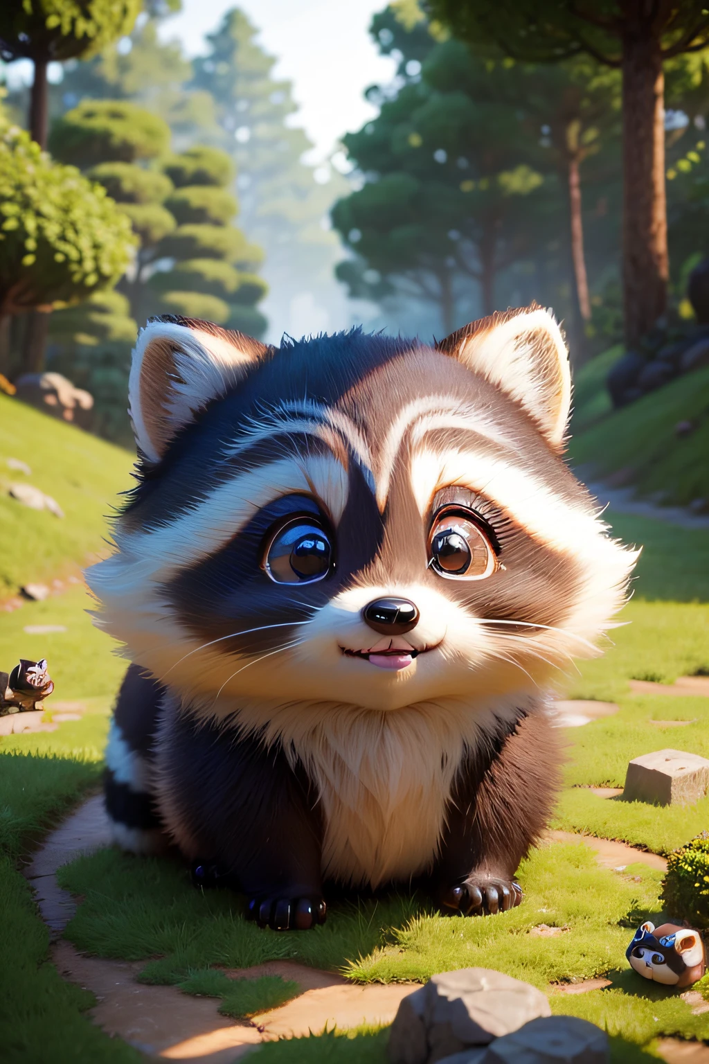 Cute raccoon dog、Cute little character in front with bright 3D、Fluffy bristles、Big eyes、1 raccoon dog