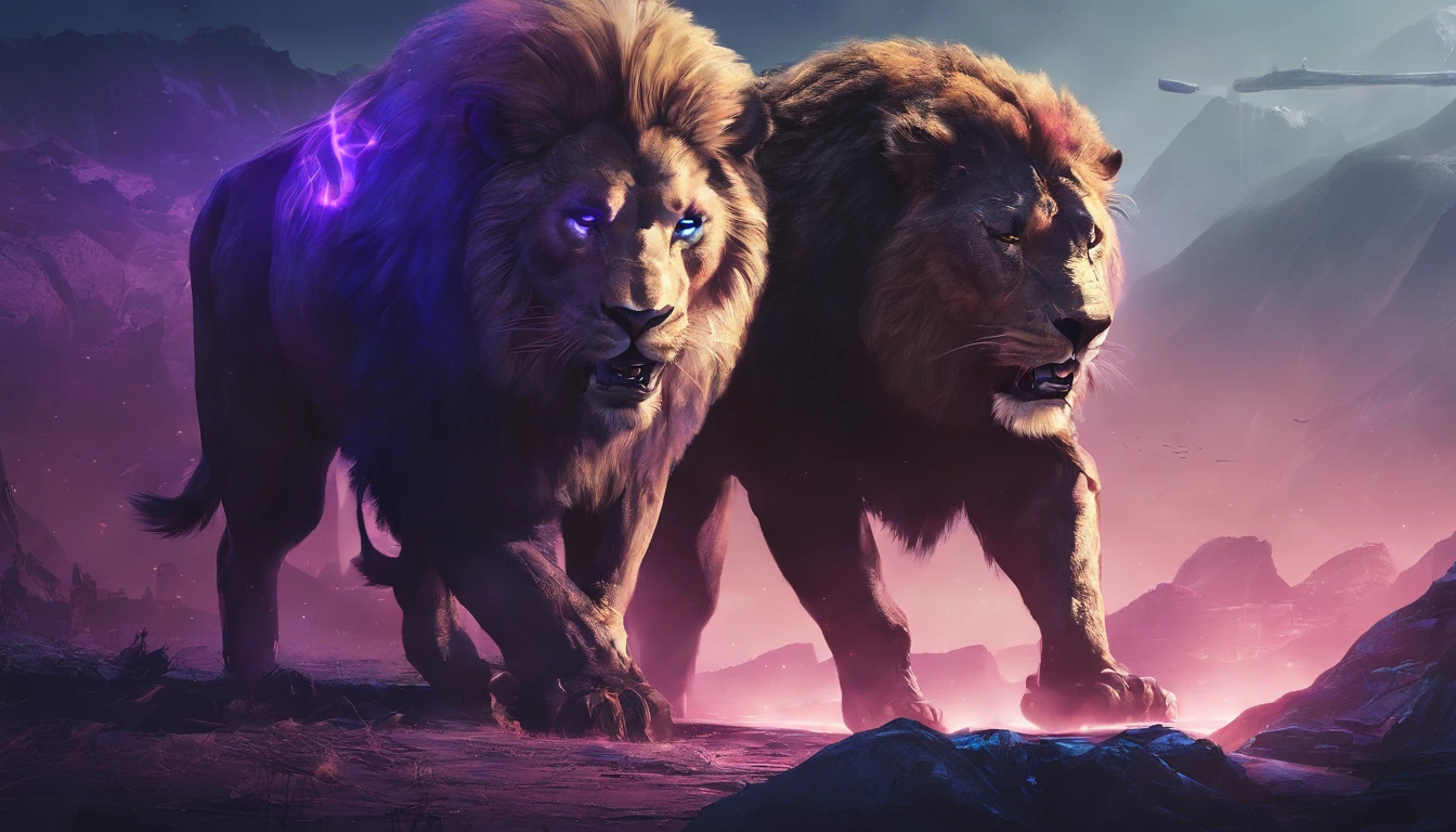 Fantasy World Saber-toothed Bison and Fantasy World Saber-toothed Lion are in fight,Emits blue-violet light,Glow effects,the night,中景 the scene is,Full body like, highly detailed surreal vfx,oc rendered,Shoot with 70 mm - AR