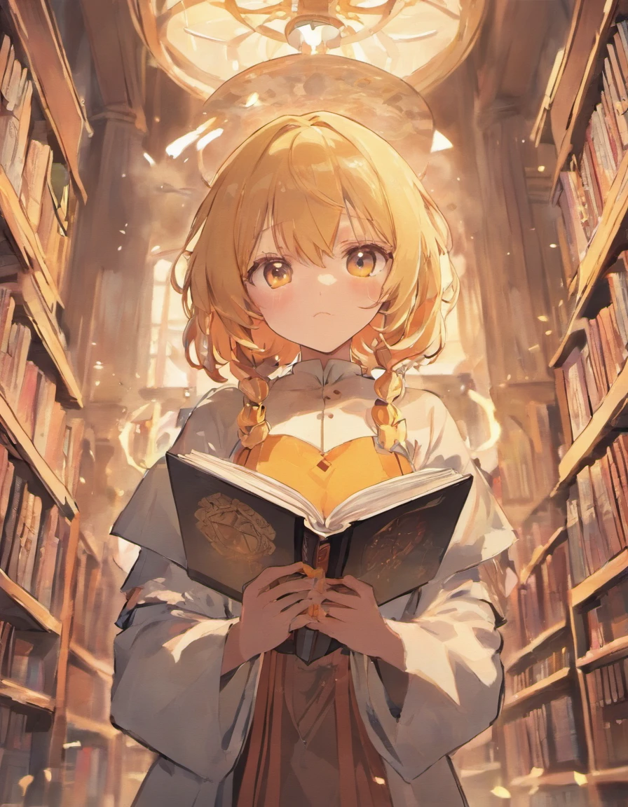 garota loira, na biblioteca, Open book in the hands