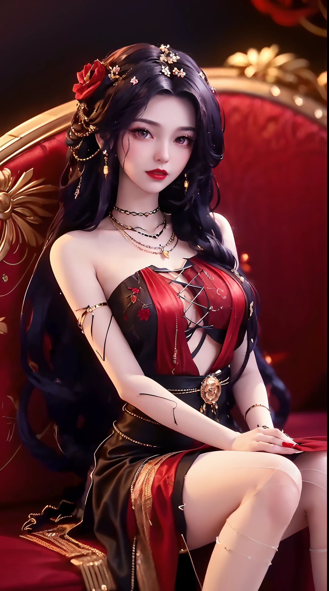 1 beautiful and sexy 20 year old girl, ((wearing a super thin red dress:1.6)), a dress with diamonds, ((long black purple hair:1.6)), bangs, jewelry elaborately made from precious stones and beautiful hair, ((wearing a black lace necklace:1.4))), the noble, noble style of an extremely beautiful girl, her small face is super cute, her face is very pretty, thin eyebrows, flawless beautiful face, ((black eye pupils: 0.8)), very beautiful eyes, ((black eyes: 1.6)), nice makeup and hair detailed eyelashes, steamy eye makeup, high nose, earrings, red lips, ((closed mouth: 1;5 )) beautiful lips, slim hands, most beautiful thighs, ((arms spread out to the sides: 1.5) ), rosy face, clean face, flawless beautiful face, smooth white skin, (big breasts: 1.5)), ((high breasts: 1.6) ), tight breasts, beautiful cleavage, (((big breasts and super round: 1.8))), ((super tight breasts: 1.7)) , beautiful breasts, perfect body, back arms, chest out, thin black mesh stockings with black lace trim, (((sitting position, lean back and lean your arms behind you:1.5))), ((chest up position: 1.5)), don't be shy, 8k photo, super high quality, super realistic, super 10x pixels, optical, bright studio, bright edges, dual-tone lighting, (high-detail skin:1.2), super 8k, soft lighting, high quality, volumetric lighting, photorealistic, photorealistic high resolution, lighting, best photo, 4k, 8k quality, blur effect, smooth sharp, 10 x pixel, ((red flower background:1.5)), aurora, lightning, super graphics realistic, most realistic graphics, alone, solo, Extremely sharp image, surreal, (((frontal portrait: 1.6)))."