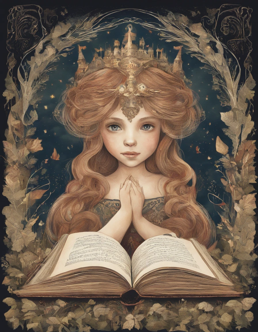 garota loira, na biblioteca, Open book in the hands