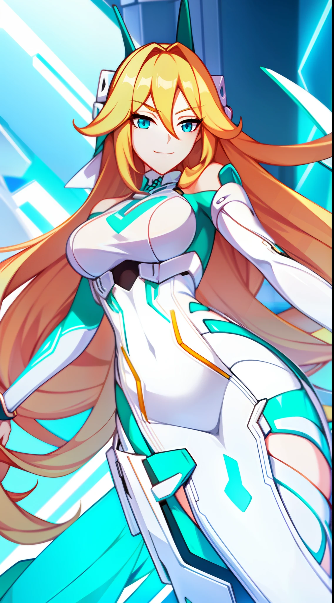 young girl, long blonde hair, turquoise eyes, smirk, white plugsuit, gold elements, open shoulders, Masterpiece, hiquality, 4k, HD, Good detail