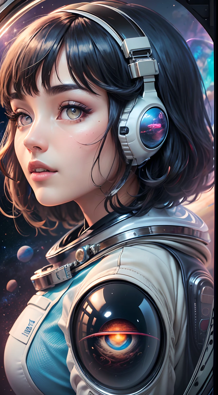 (Innovative design)、Create ultra-detailed and futuristic images of beauty astronauts,(Ultra-futuristic design spacesuit) 、(((((Spacesuit with clear body lines)))))、24 year old、Colossal tits、Earth Eye、Photorealsitic、high-level image quality、Raw photo、8K、Hairstyle is bob hair、Aurora Liner Color、