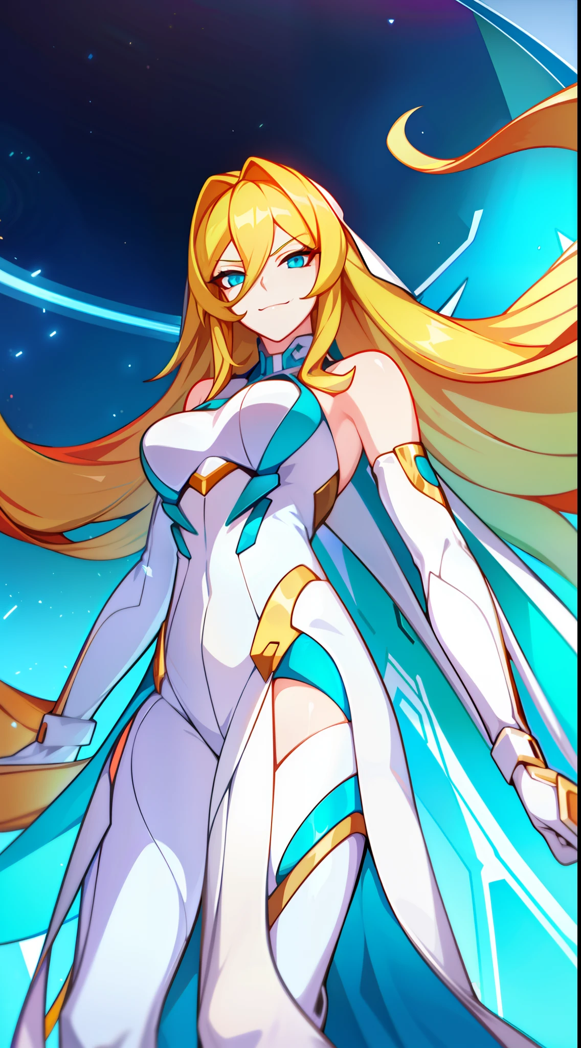 young girl, long blonde hair, turquoise eyes, smirk, white plugsuit, gold elements, open shoulders, Masterpiece, hiquality, 4k, HD, Good detail