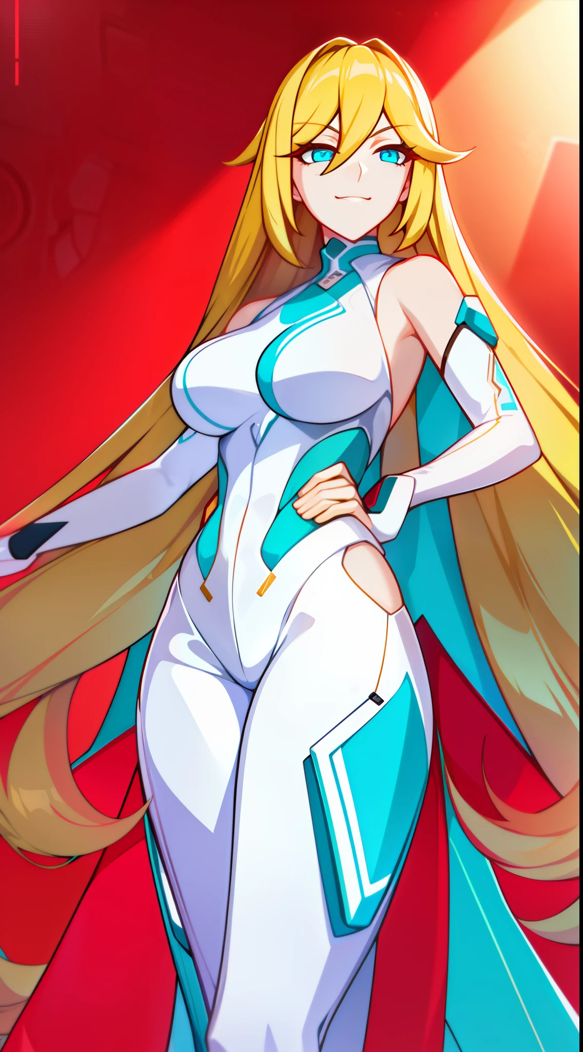 young girl, long blonde hair, turquoise eyes, smirk, white plugsuit, gold elements, open shoulders, Masterpiece, hiquality, 4k, HD, Good detail