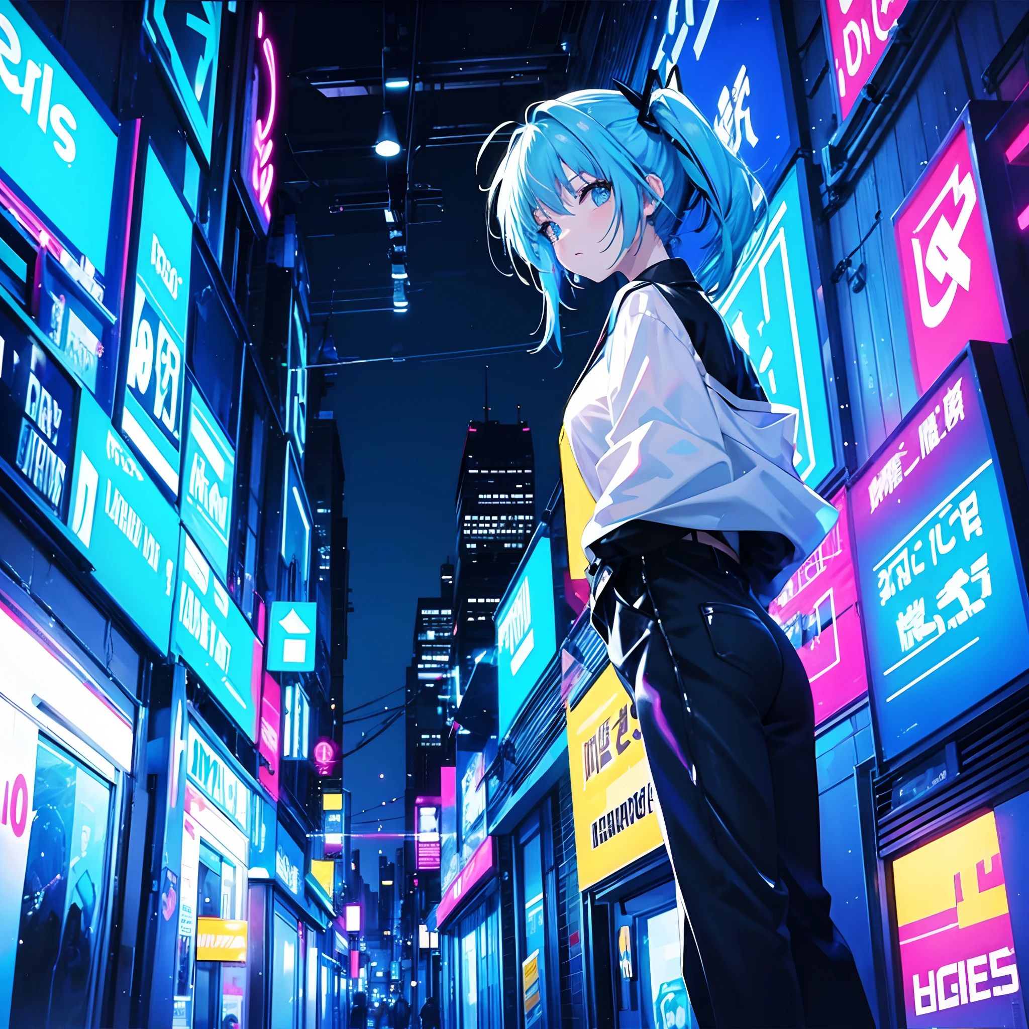 neons street blue hairs woman Angle from below
