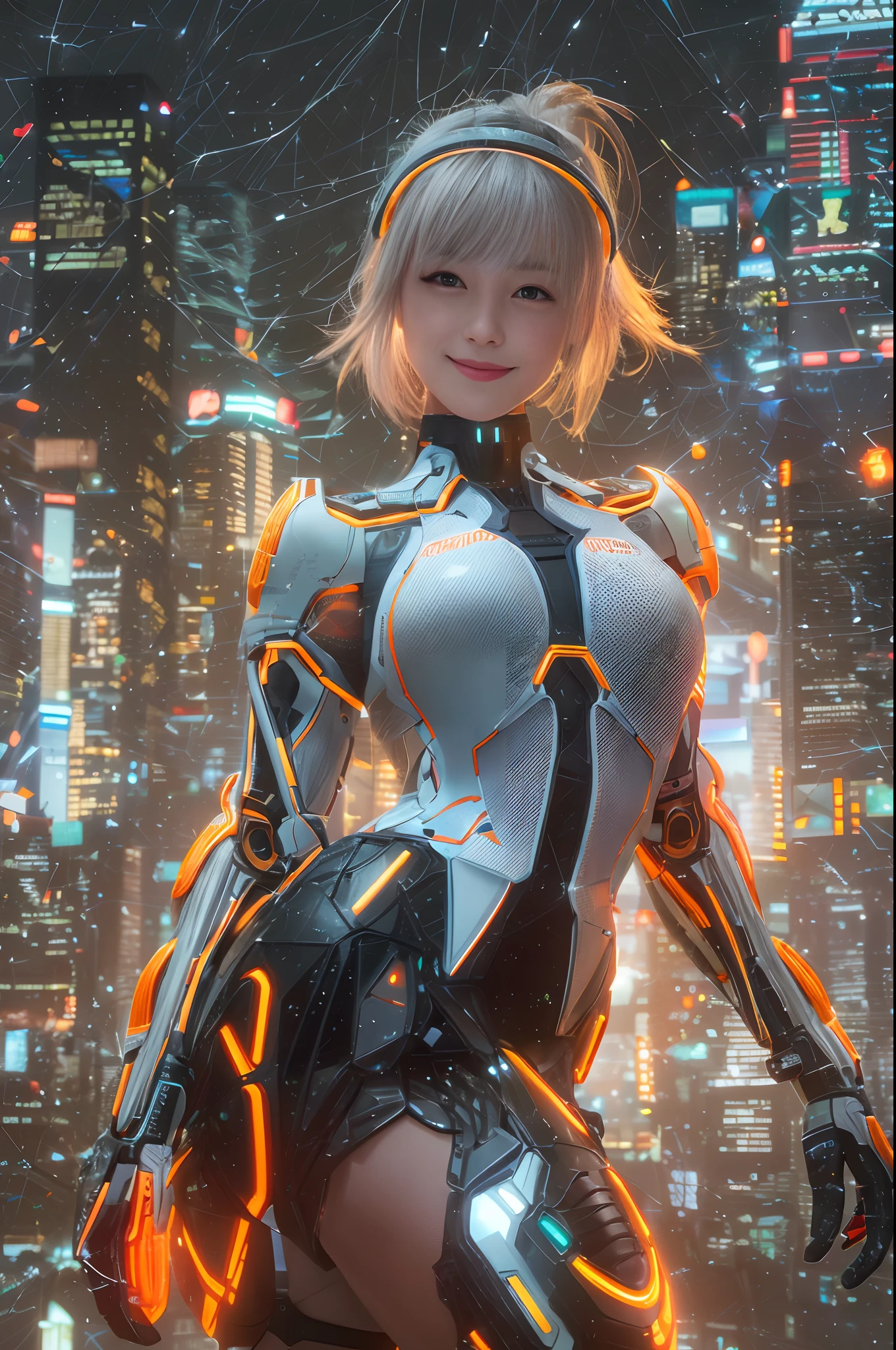 Cybernetic arm and glowing cyber girl,(J Women's Uniform,a sailor suit,White skirt,),Strenuous movements,Add a motion blur effect to simulate motion,Stand on a post-apocalyptic battlefield cityscape.Surrounded by a network of wires. Surrounded by a web of circuits. (Cyber Girl with Orange Glowing Sword:1.3), Shiny Silver Shorthair,disheveled ponytail,Cute smile,Perfect round face,Black eyes,A cheerful smile that makes the viewer happy,Proper body proportion,Intricate details,Very delicate and beautiful hair,photos realistic,Dreamy,Professional Lighting,realistic shadow,Solo Focus,Beautiful hands,Beautiful fingers,Detailed finger features,detailed clothes features,Detailed hair features,detailed facial features,(masutepiece,top-quality,Ultra-high resolution output image,) ,(The 8k quality,),