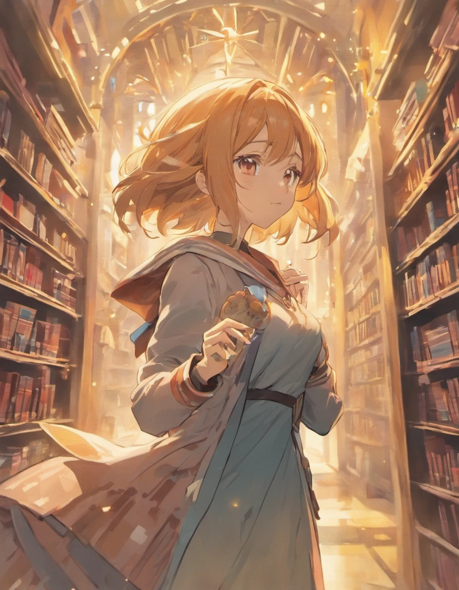Garota loira(fundo da imagem)(corpo inteiro), na biblioteca, Open book in the hands