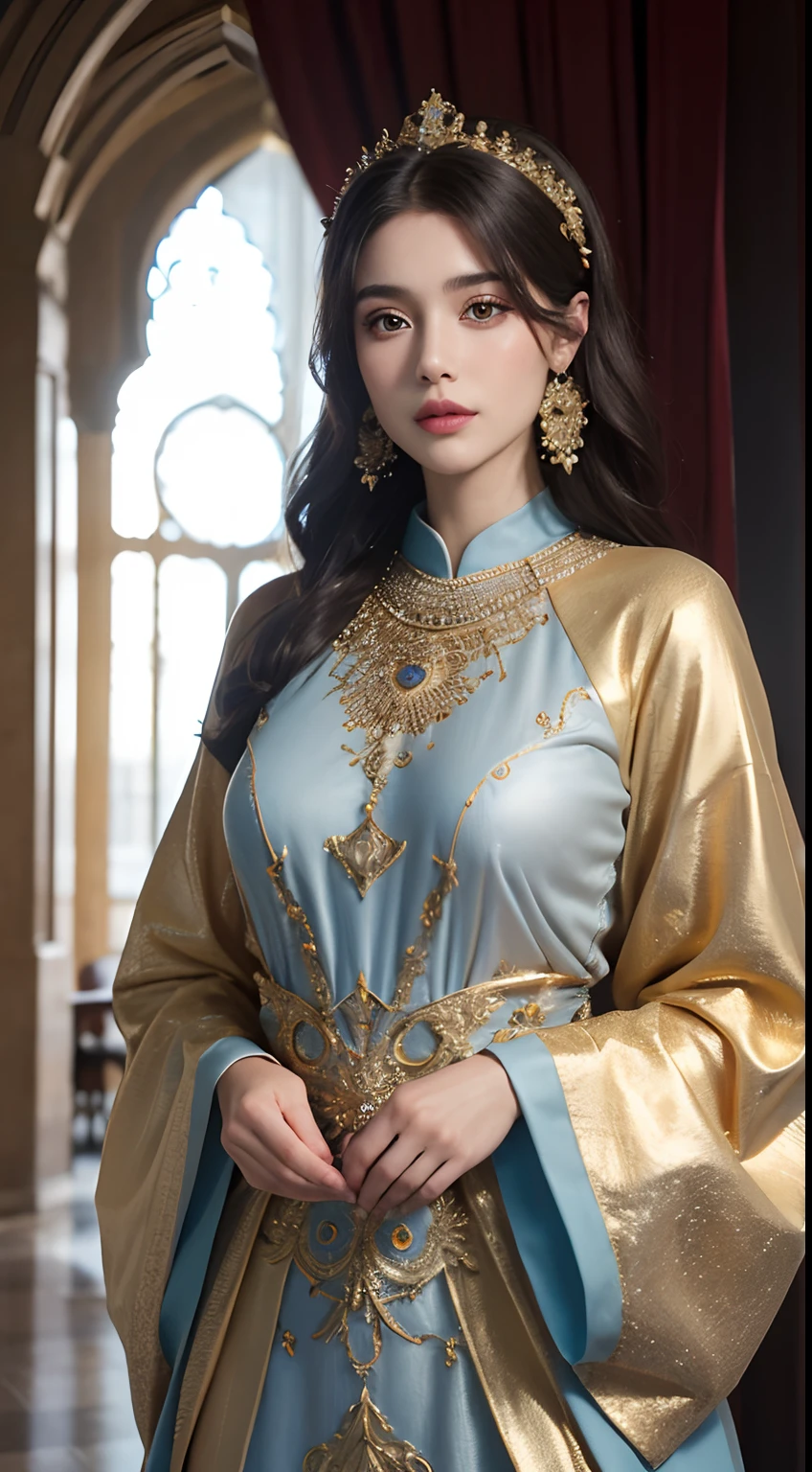 (master piece: 1.3), (8k, photoreallistic, Photo brute, beste-Qualit: 1.4), (1fille), beau visage, (realistic face), (cheveux rouges , cheveux long rouges1.3), belle coiffure, Realistic Crystal Brilliant Bright Eyes Bright, beautiful detailed eyes brilliant European beauty, (realistic skin), belle peau, (tirer), absurdes, attrayant, ultra highres, ultra realist, highly detailed, Golden number wearing a Moroccan Islamic caftan outfit half red half blue