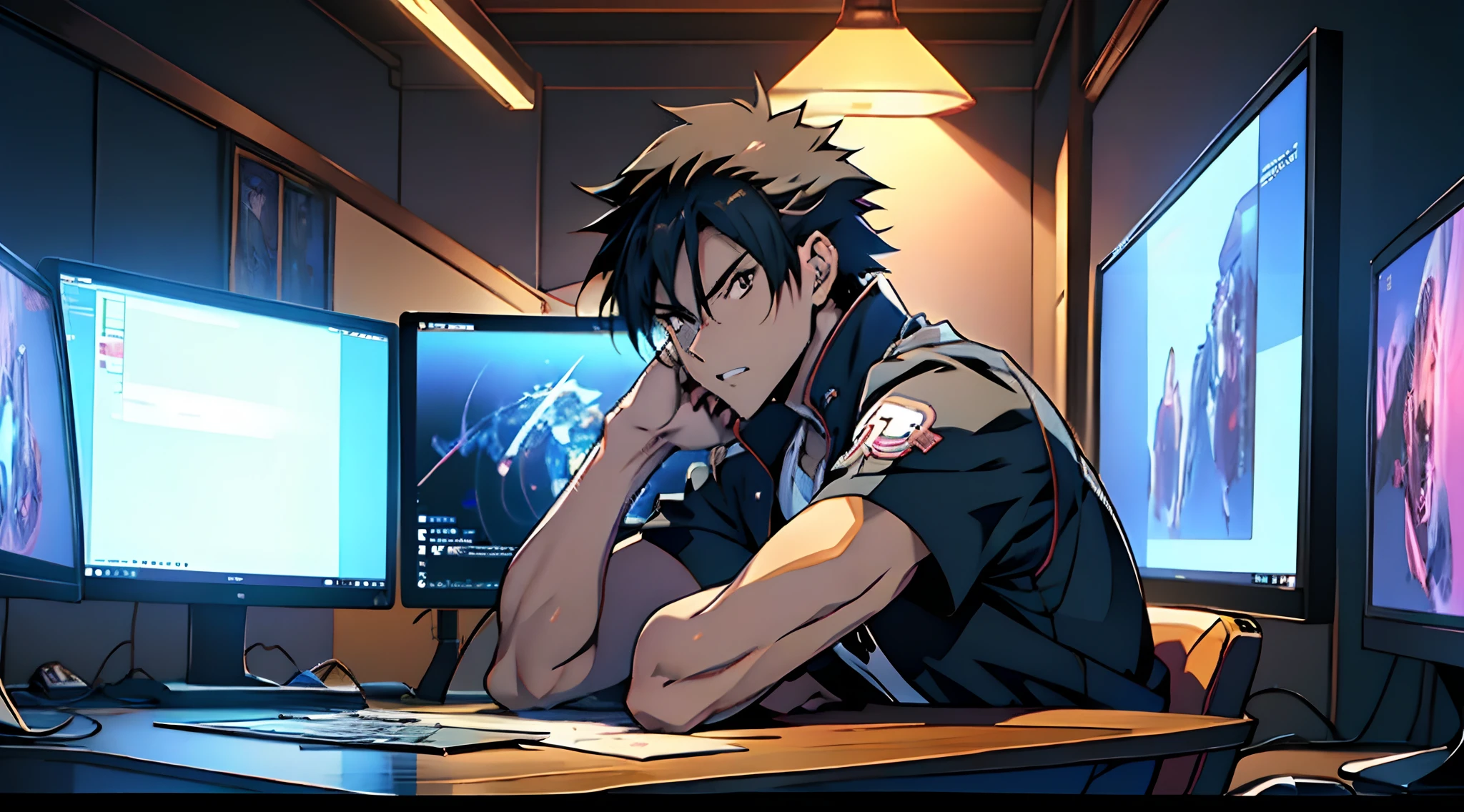 anime guy sitting at a desk with a laptop and a monitor, anime style 4 k, 4k anime wallpaper, badass anime 8 k, 4 k manga wallpaper, young anime man, anime boy, anime wallpaper 4 k, anime wallpaper 4k, high quality anime artstyle, anime moe artstyle, anime art wallpaper 8 k, anime art wallpaper 4 k, RGB lighting,
