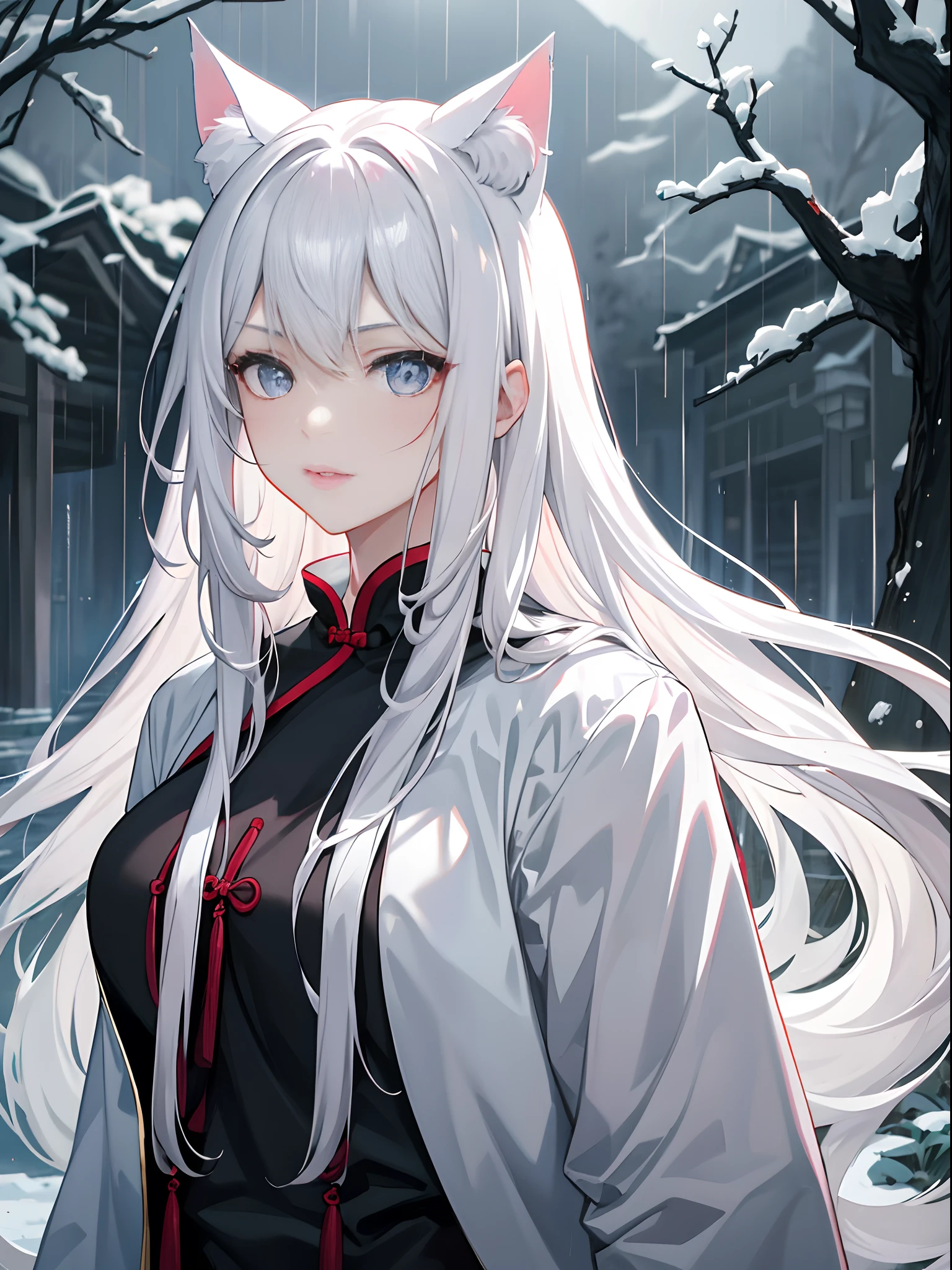 Masterpiece, Super Class, Night, Outdoor, Rainy Day, Branches, Chinese Style, Ancient China, 1 girl, young girl, Silver-White Long-Haired Woman, Gray-Blue Eyes, Pale Pink Lips, Indifference, Seriousness, Bangs, Assassin, Sword, White Clothes, Blood, Blood, Violence, Death, Injury, Blood, Facial Bloodstain, Facial Details, Facial Details, cat ears