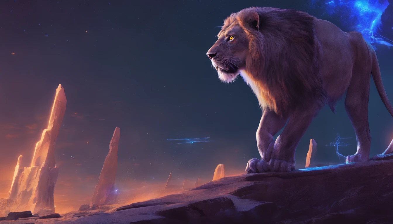 Fantasy World Saber-toothed Lion female human，Emits blue-violet light，Glow effects，the night，中景 the scene is，Full body like， highly detailed surreal vfx，oc rendered，Shoot with 70 mm - AR