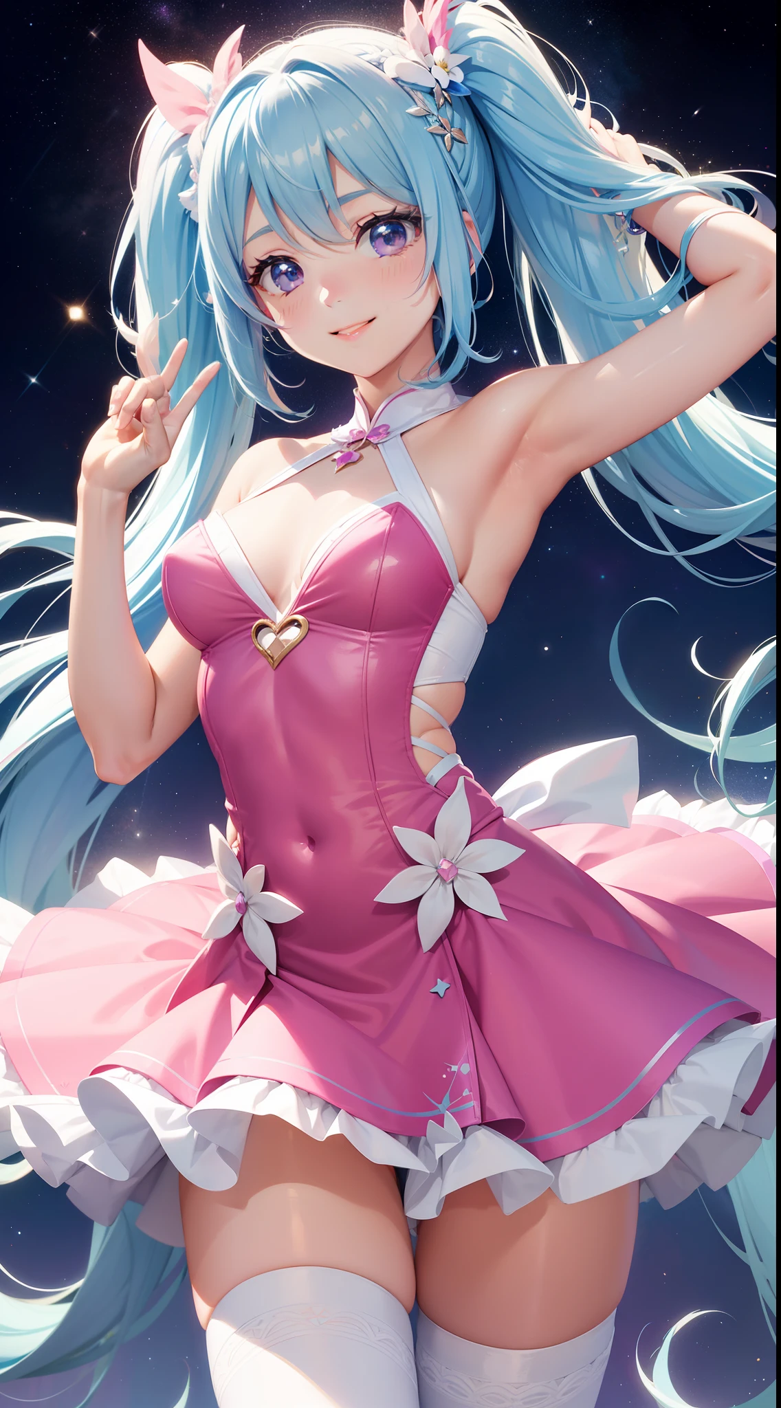Super Idol　a beauty girl　A charming smile　sky blue hair　length hair　Twin-tailed　Bright pink and white leotard outfit　Mystical　Fantasia　constellation　a moon　Crystal Brilliance　Aurora Borealis in the Night Sky