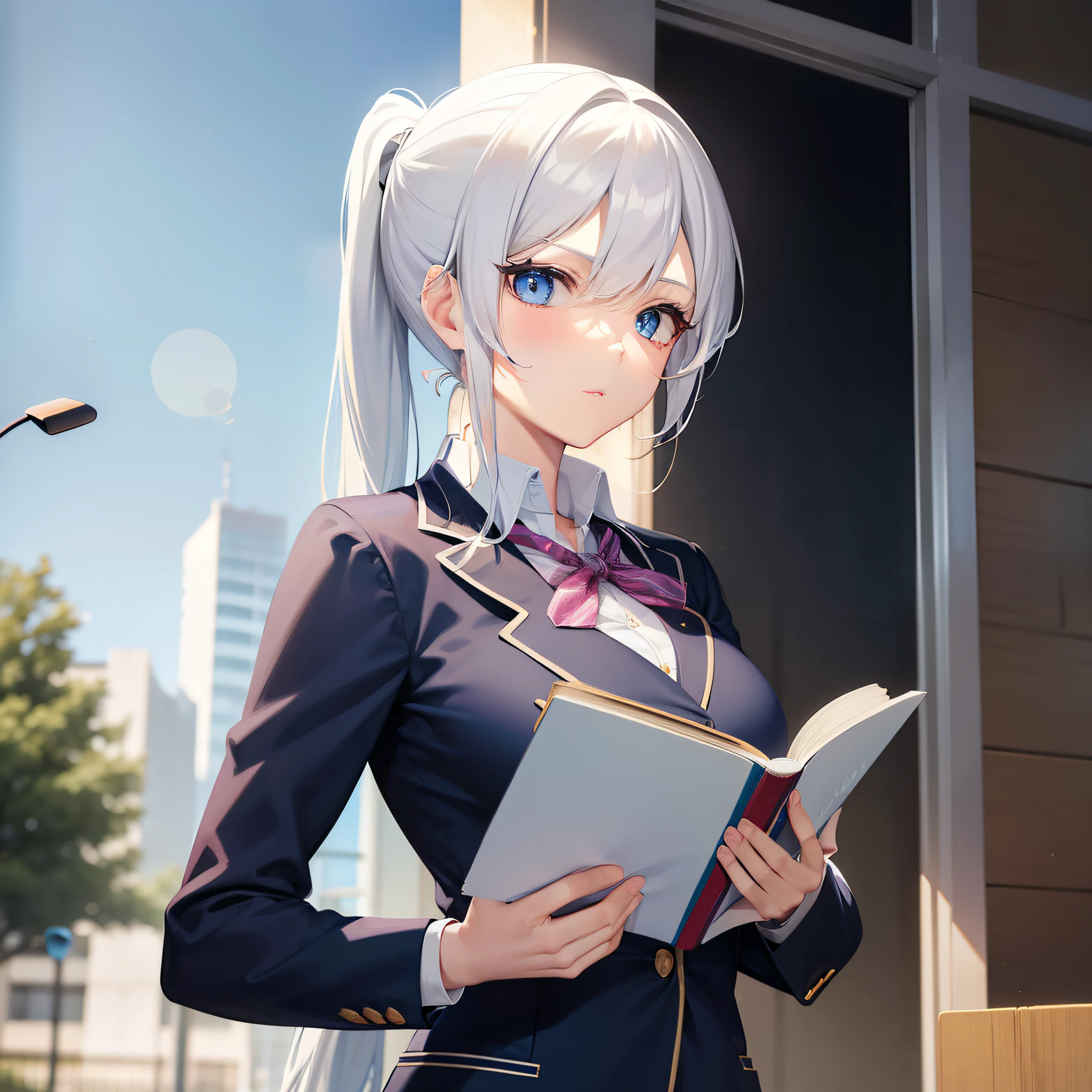 A pretty anime lady, wearing a school uniform, holding a book, white haired lady, blue eyes, pony tail,  looking at you with a poker face, human.