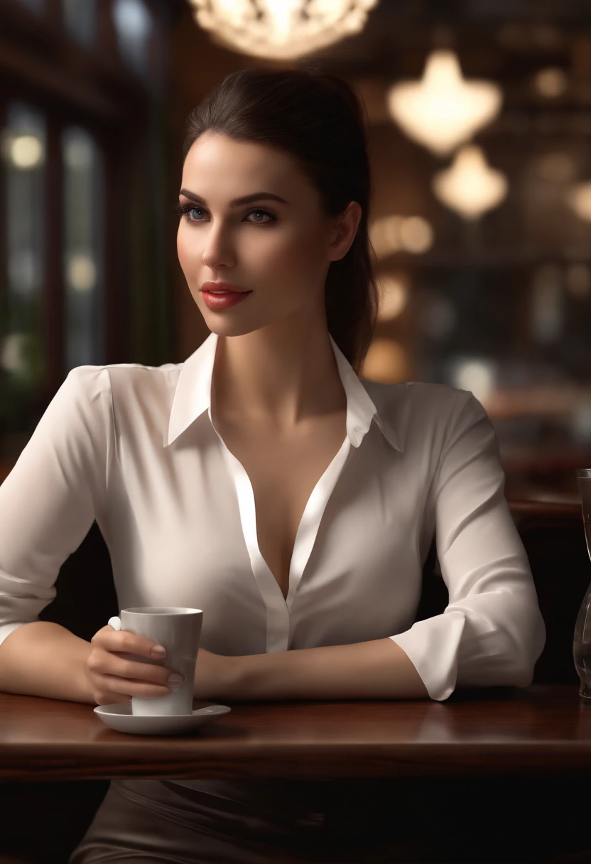 (ssee-through) A gorgeous sexy brunette woman perfect 23 year old secretary straight hair with ponytail oily silky white skin (Damp) Fleshy lips, (Photorealistic:Photorealistic, 8K masterpiece), Room with a skinny white shirt (Breast highlights), Sit at a table in the restaurant，holding a cup of coffee (Hyperrealistic: Realistic, Environments with complex details),  Sexy features on the face: (Texture & Environment Professional Photography Pure and perfect lighting).