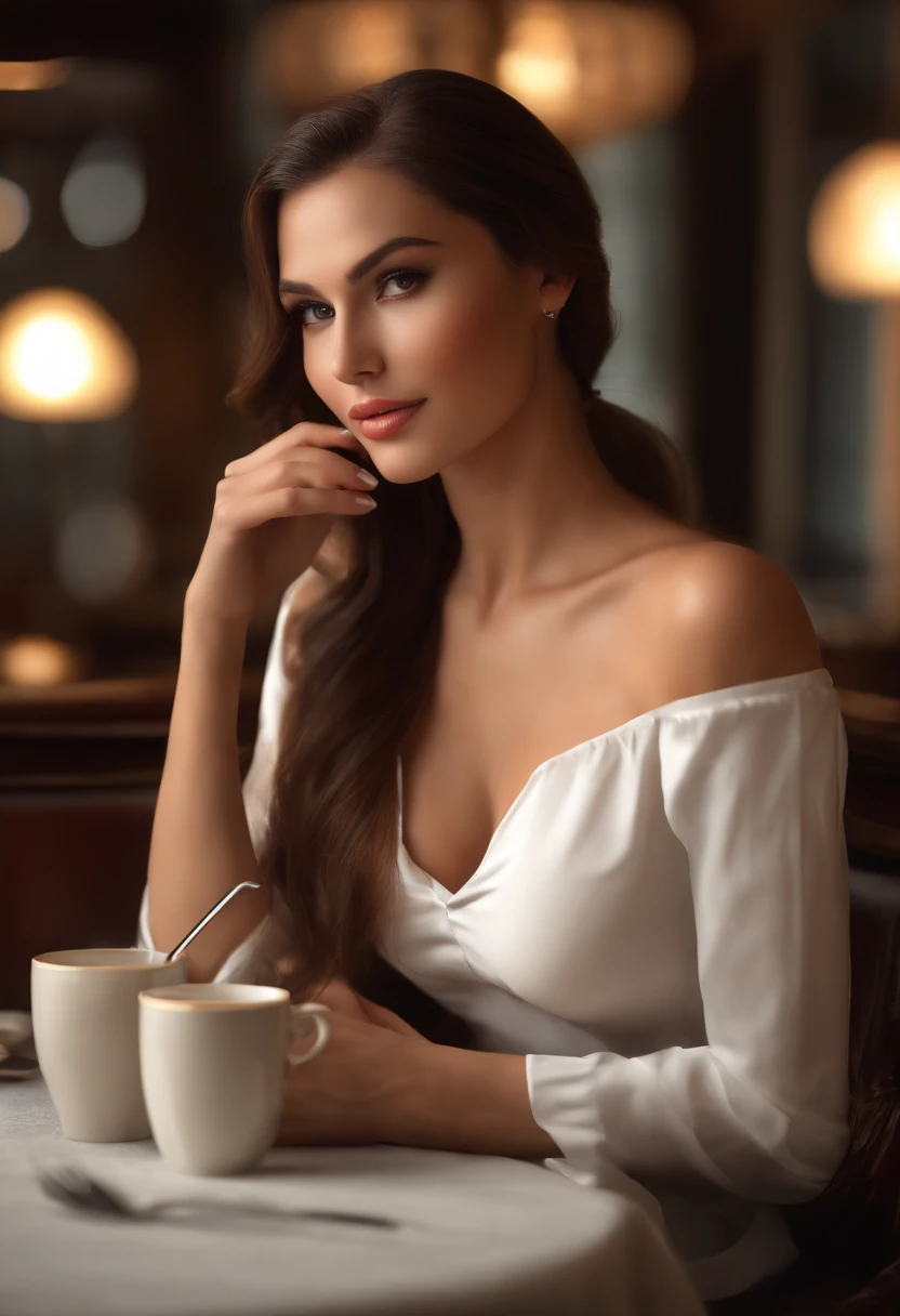 (ssee-through) A gorgeous sexy brunette woman perfect 23 year old secretary straight hair with ponytail oily silky white skin (Damp) Fleshy lips, (Photorealistic:Photorealistic, 8K masterpiece), Room with a skinny white shirt (Breast highlights), Sit at a table in the restaurant，holding a cup of coffee (Hyperrealistic: Realistic, Environments with complex details),  Sexy features on the face: (Texture & Environment Professional Photography Pure and perfect lighting).