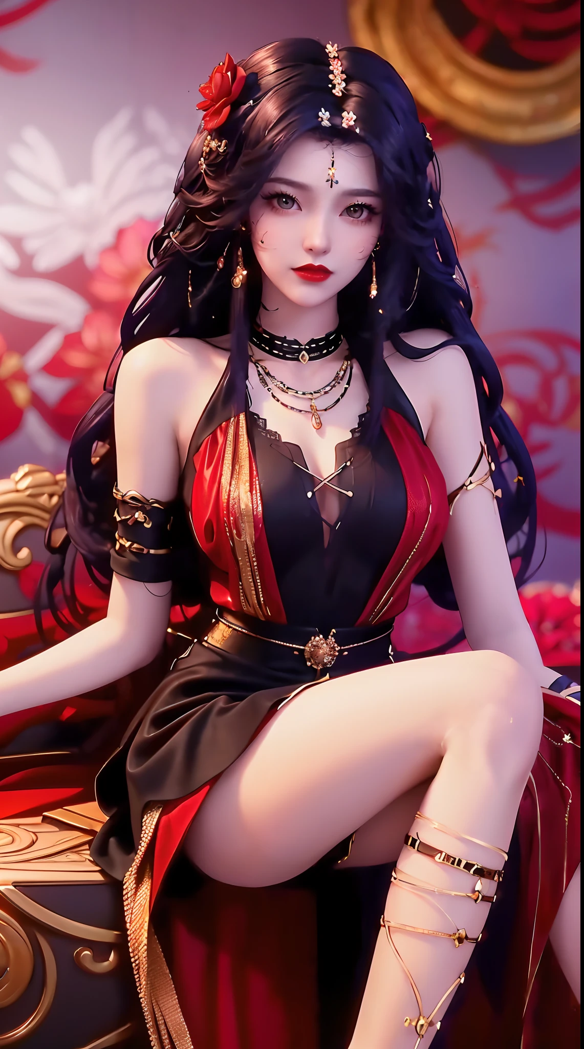 1 beautiful and sexy 20 year old girl, ((wearing a super thin red dress:1.6)), a dress with diamonds, ((long black purple hair:1.6)), bangs, jewelry elaborately made from precious stones and beautiful hair, ((wearing a black lace necklace:1.4))), the noble, noble style of an extremely beautiful girl, her small face is super cute, her face is very pretty, thin eyebrows, flawless beautiful face, ((black eye pupils: 0.8)), very beautiful eyes, ((black eyes: 1.6)), nice makeup and hair detailed eyelashes, steamy eye makeup, high nose, earrings, red lips, ((closed mouth: 1;5 )) beautiful lips, slim hands, most beautiful thighs, ((arms spread out to the sides: 1.5) ), rosy face, clean face, flawless beautiful face, smooth white skin, (big breasts: 1.5)), ((high breasts: 1.6) ), tight breasts, beautiful cleavage, (((big breasts and super round: 1.8))), ((super tight breasts: 1.7)) , beautiful breasts, perfect body, back arms, chest out, thin black mesh stockings with black lace trim, (((sitting position, lean back and lean your arms behind you:1.5))), ((chest up position: 1.5)), don't be shy, 8k photo, super high quality, super realistic, super 10x pixels, optical, bright studio, bright edges, dual-tone lighting, (high-detail skin:1.2), super 8k, soft lighting, high quality, volumetric lighting, photorealistic, photorealistic high resolution, lighting, best photo, 4k, 8k quality, blur effect, smooth sharp, 10 x pixel, ((red flower background:1.5)), aurora, lightning, super graphics realistic, most realistic graphics, alone, solo, Extremely sharp image, surreal, (((frontal portrait: 1.6)))."